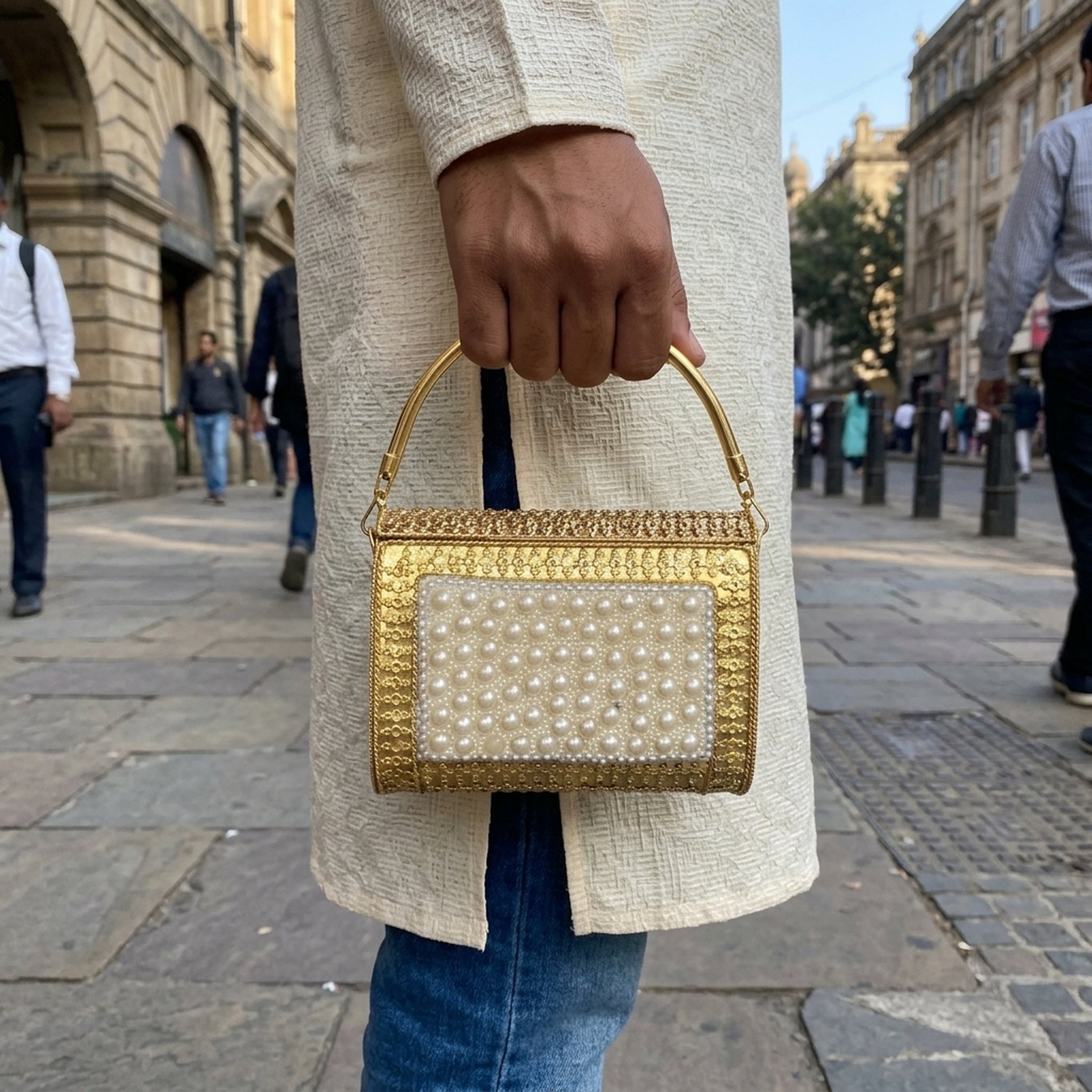 Potli Walah Gold Pearl Embellished Box Clutch Bag 5