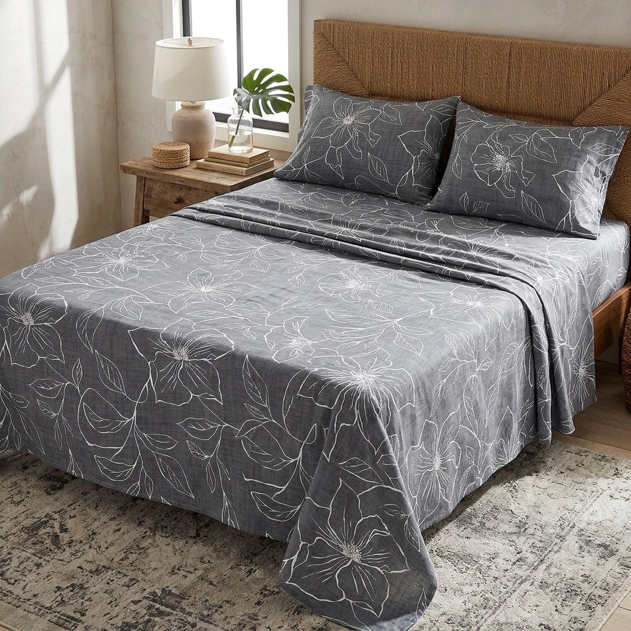 Parth International Grey Floral Cotton Double Bedsheet Set 5