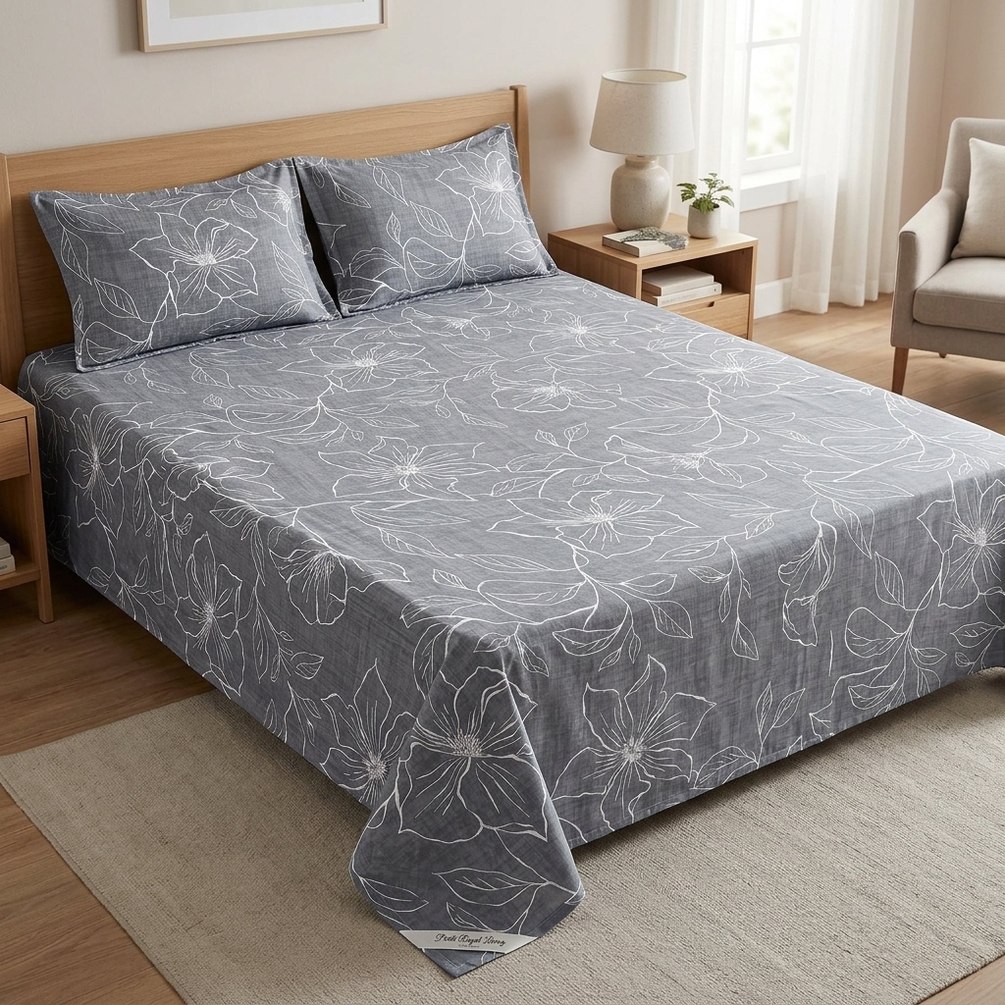 Parth International Grey Floral Cotton Double Bedsheet Set