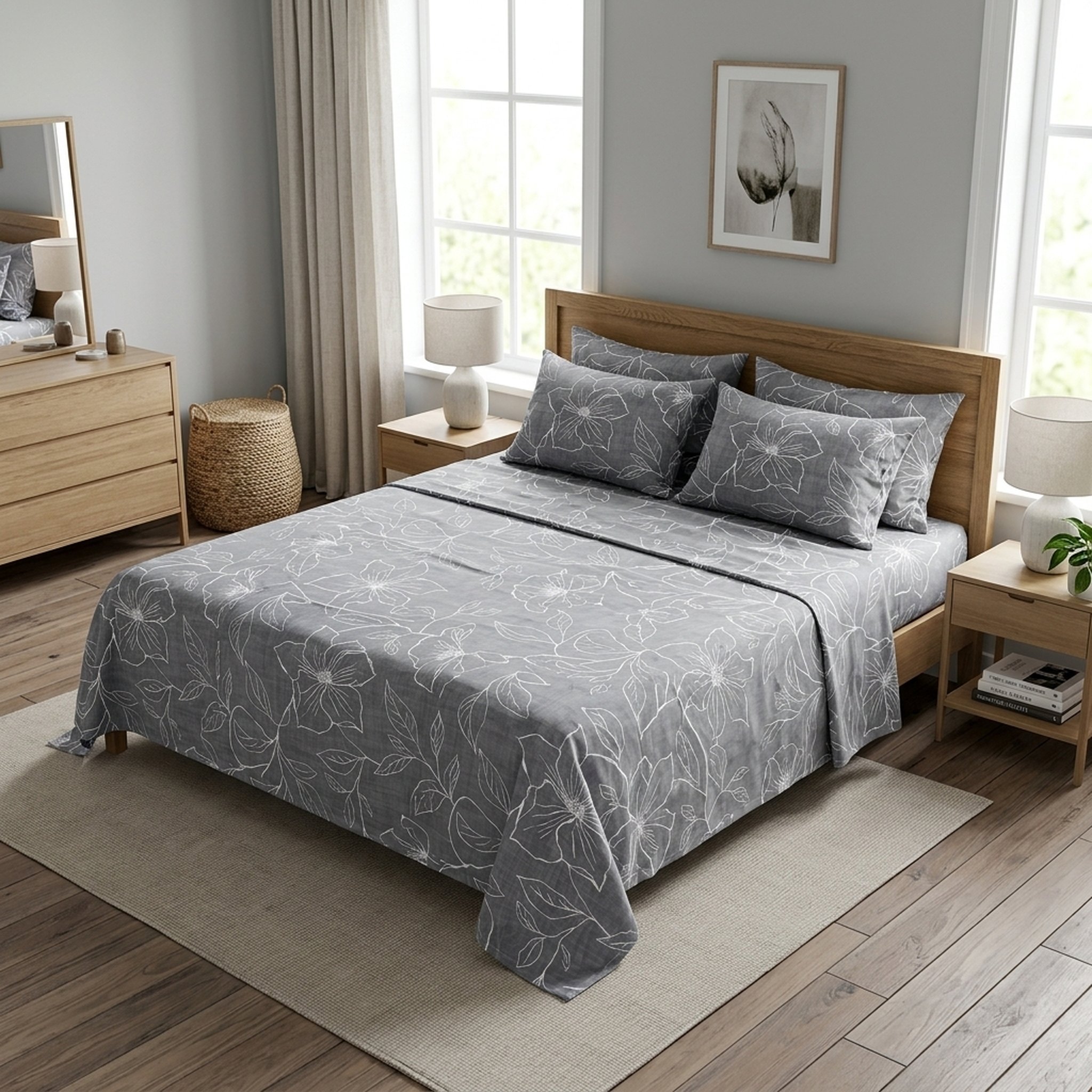 Parth International Grey Floral Cotton Double Bedsheet Set 2