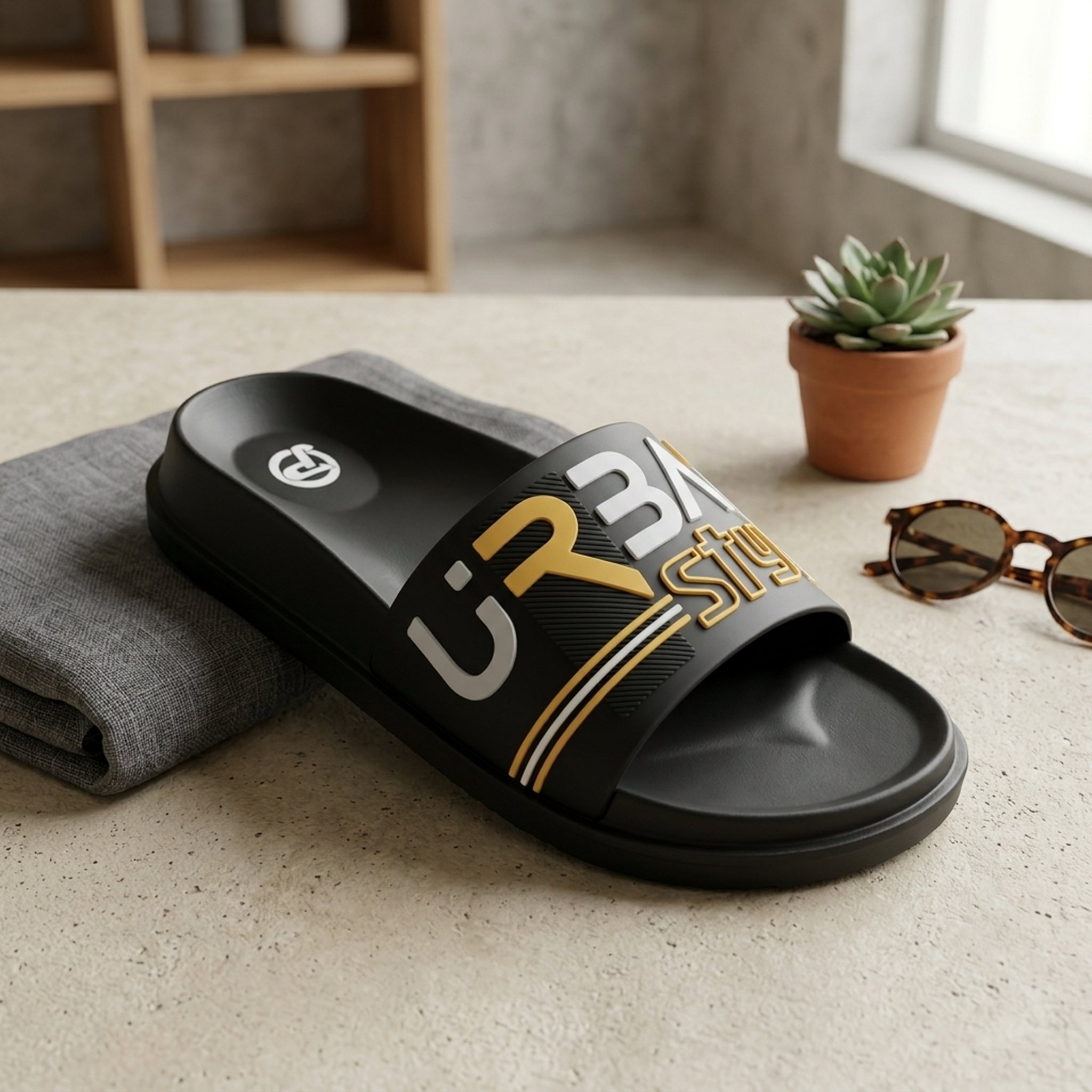 Keron footwear Black Rubber Strap Slippers