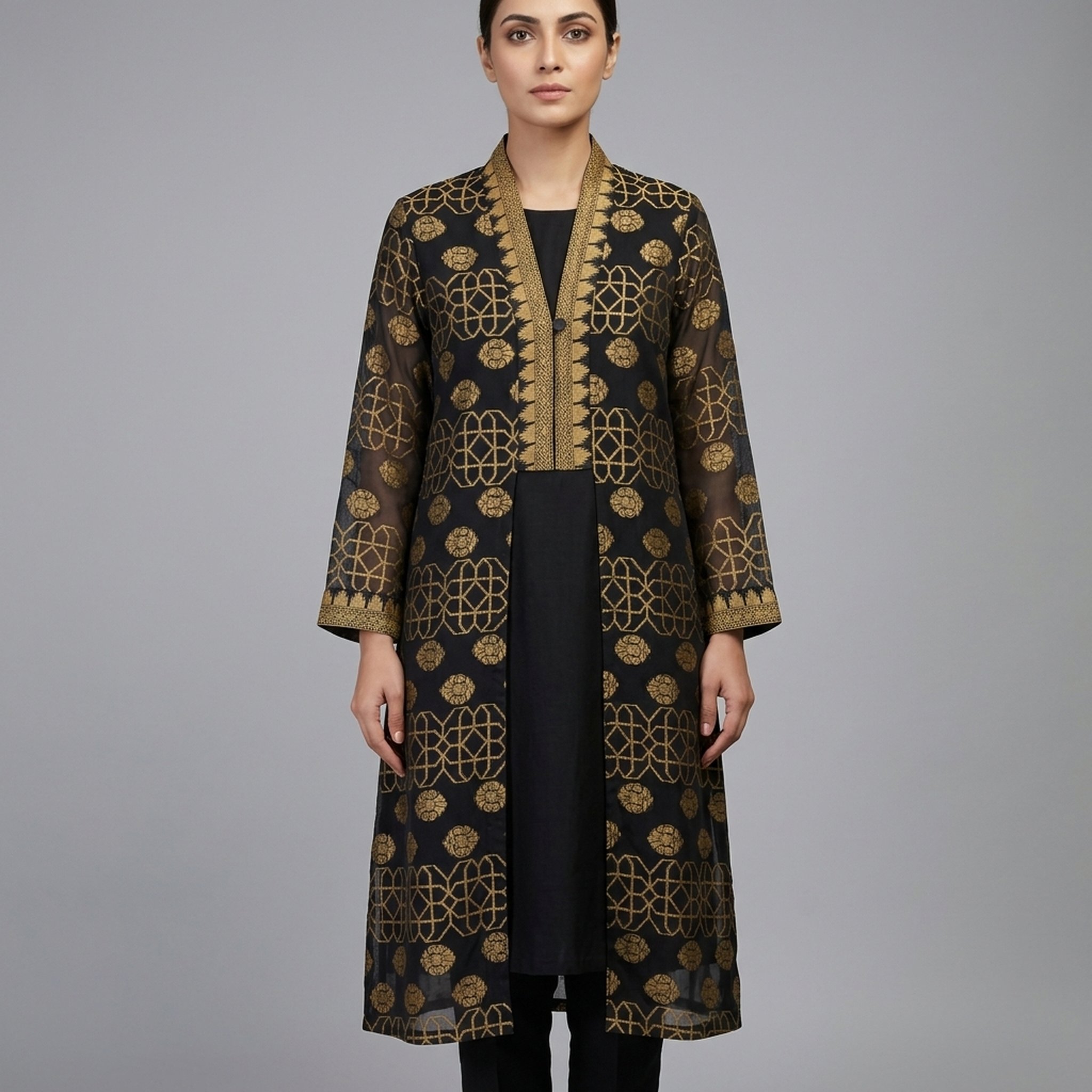 Salma sultan's sareesanskriti Women's Black Golden Ethnic Overlay Jacket