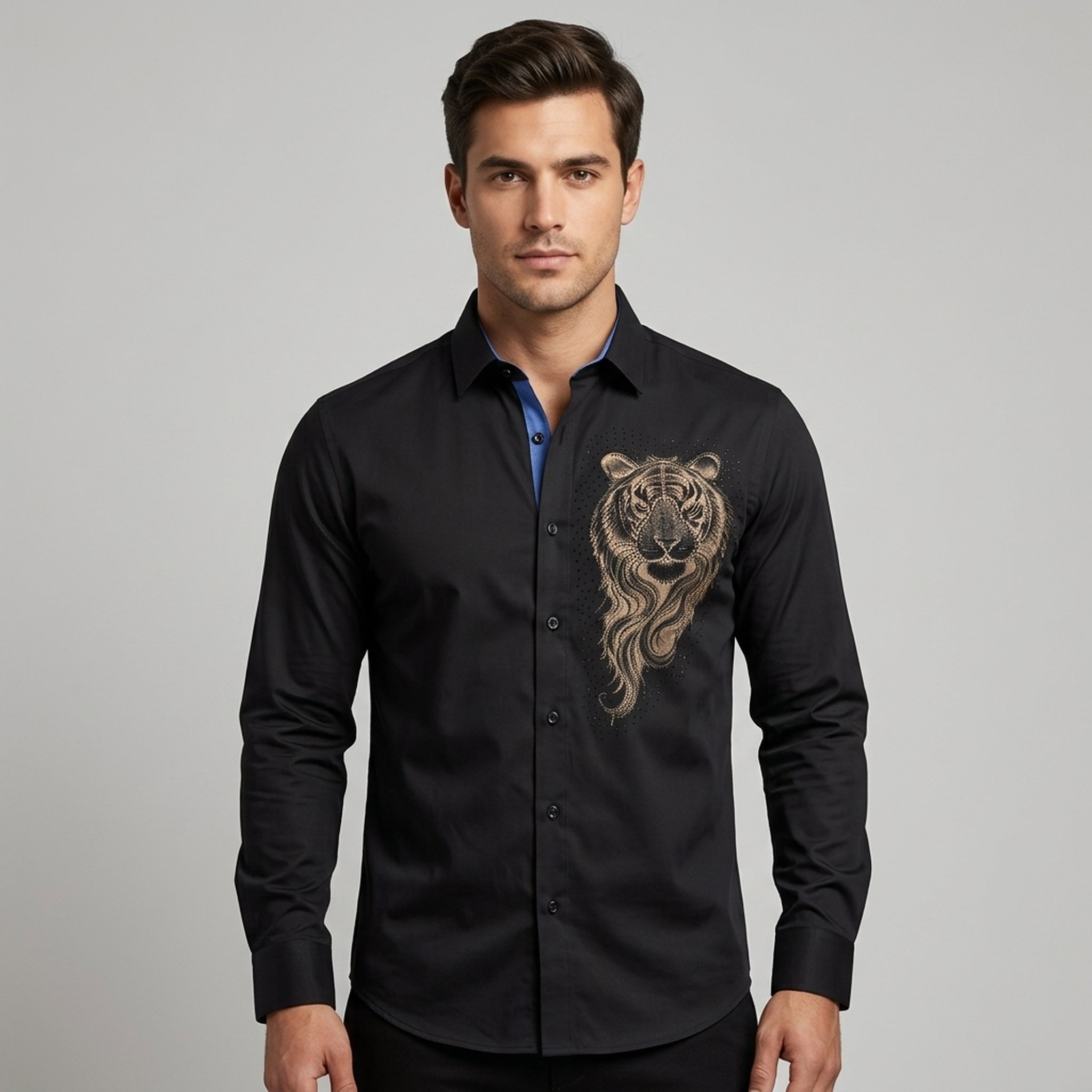 Level Up Men's Black Embroidered Tiger Shirt