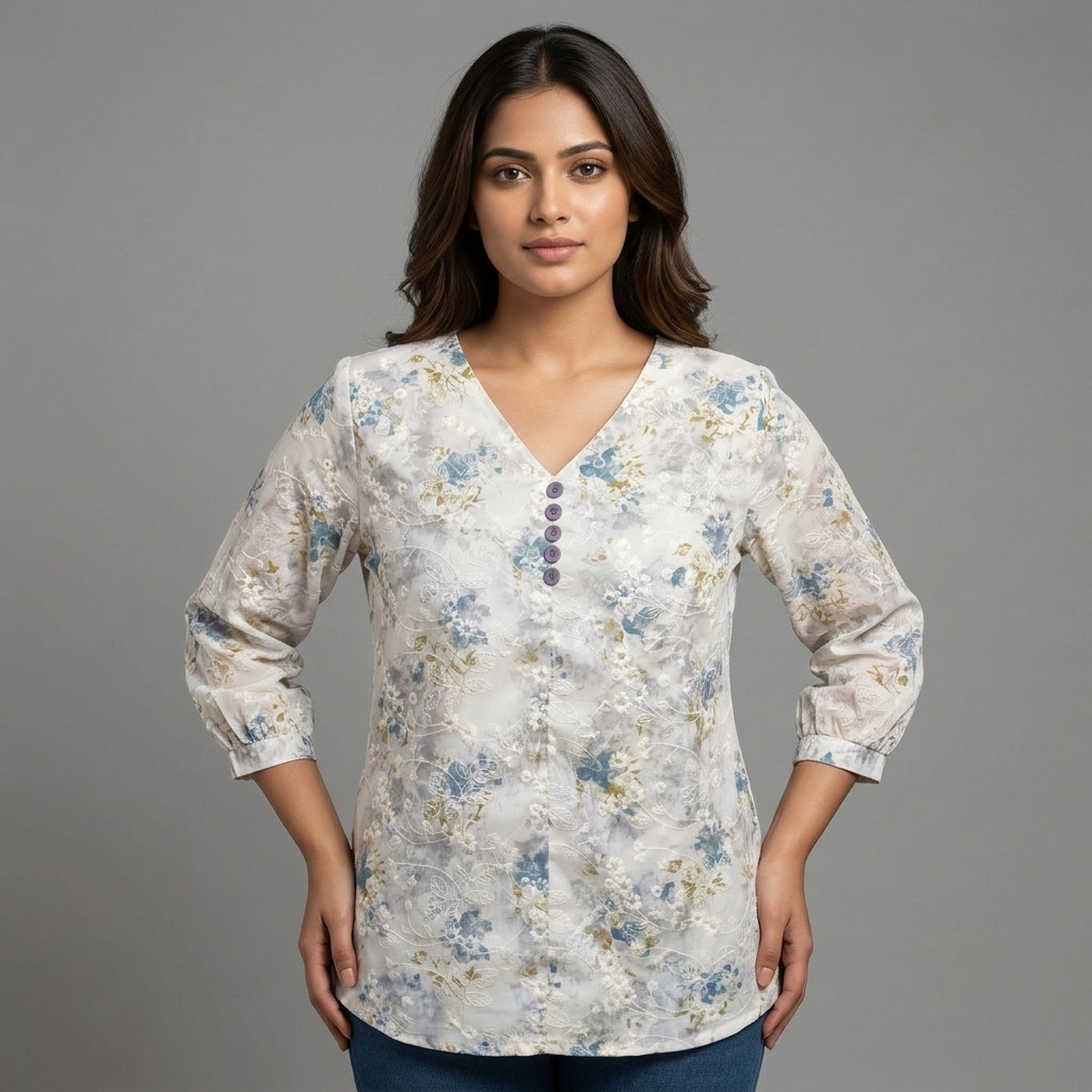 Textured Floral V-Neck Top