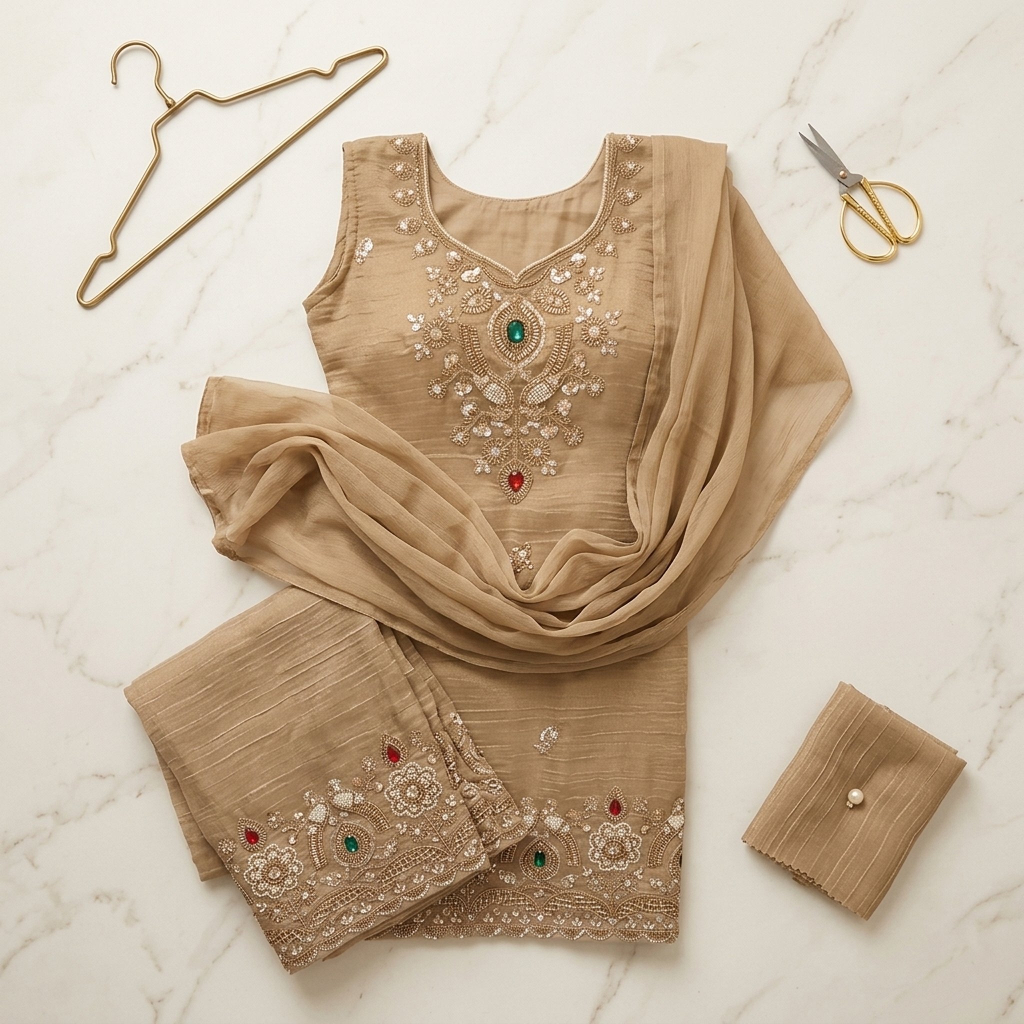 The orange gate Beige Embroidered Crinkle Salwar Suit 2