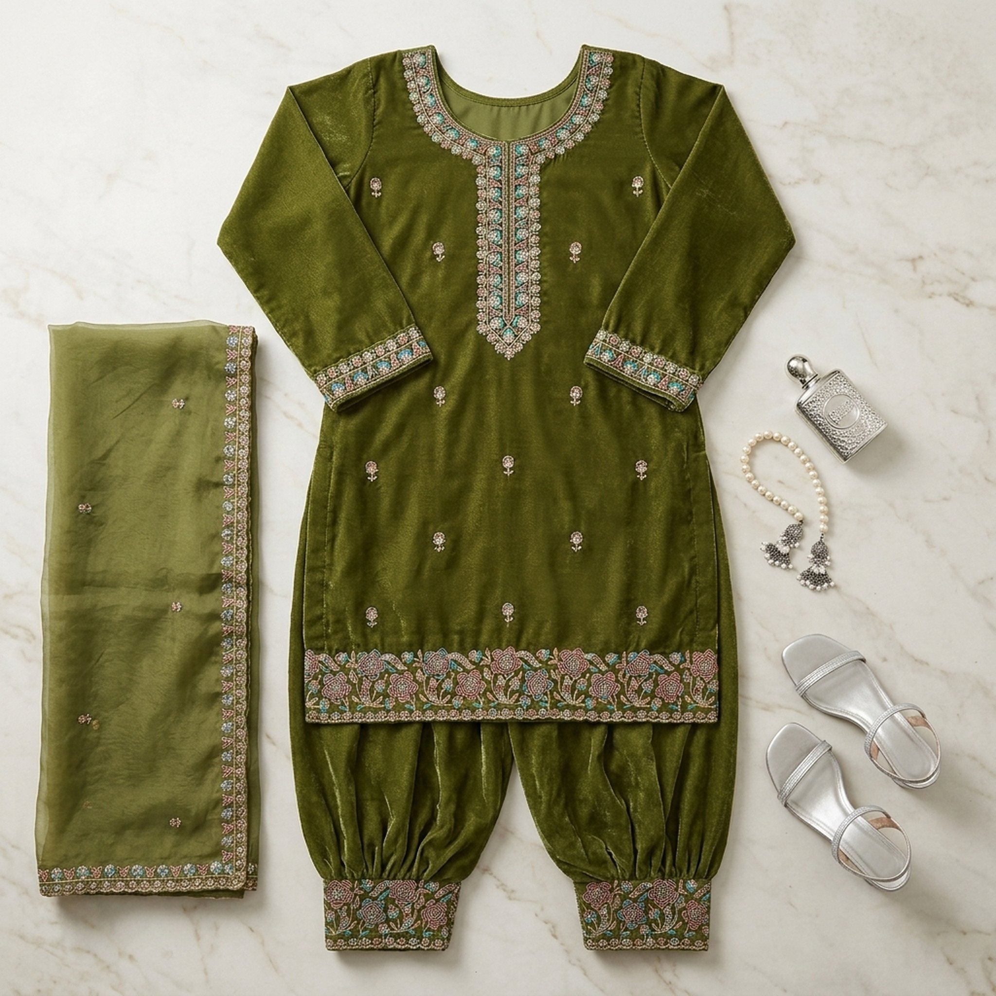 The orange gate Olive Green Embroidered Salwar Suit 4