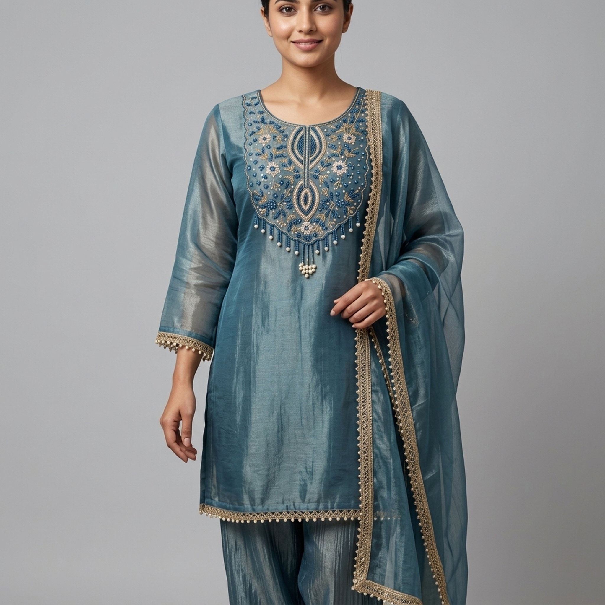 The orange gate Women's Blue Embroidered Salwar Suit