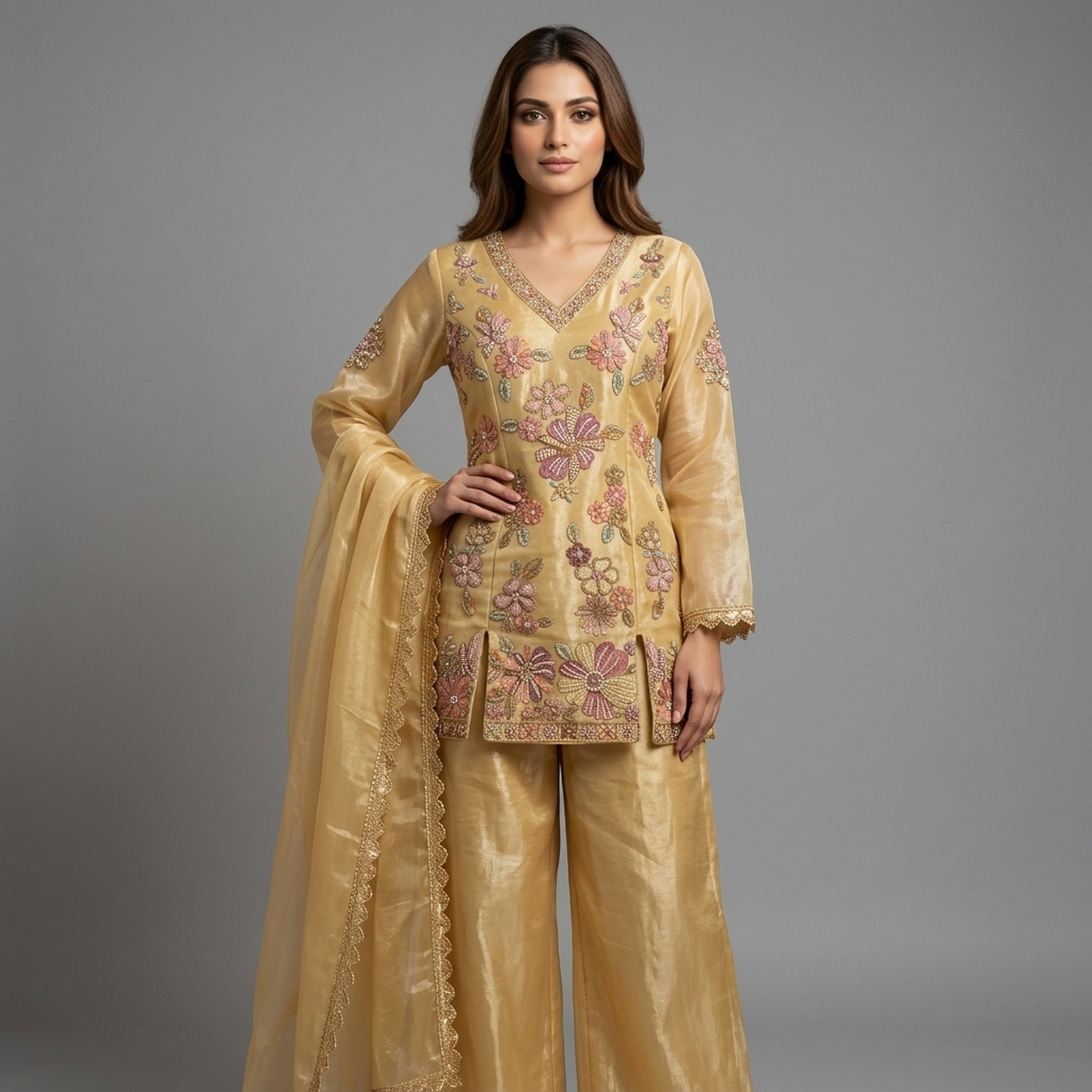 The Orange Gate Golden Beige Embroidered Ethnic Set