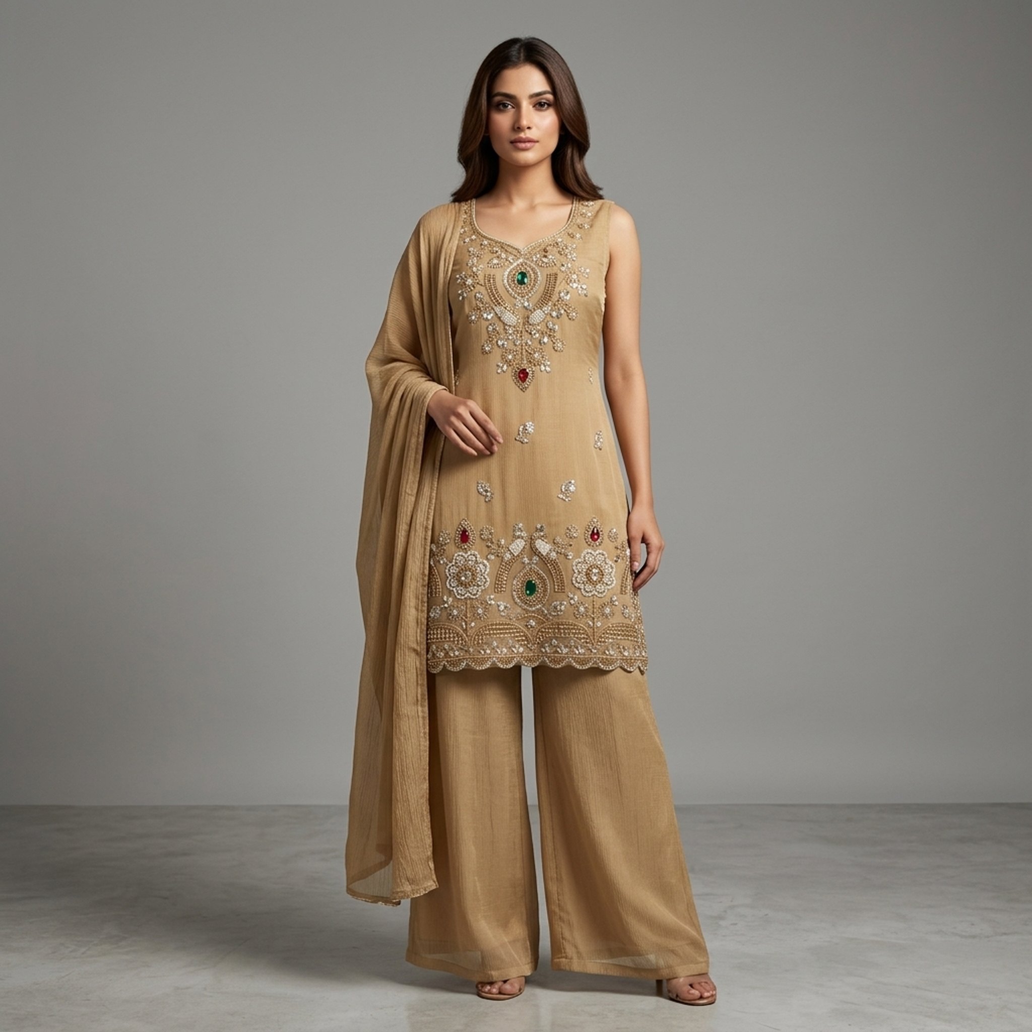 The orange gate Beige Embroidered Crinkle Salwar Suit