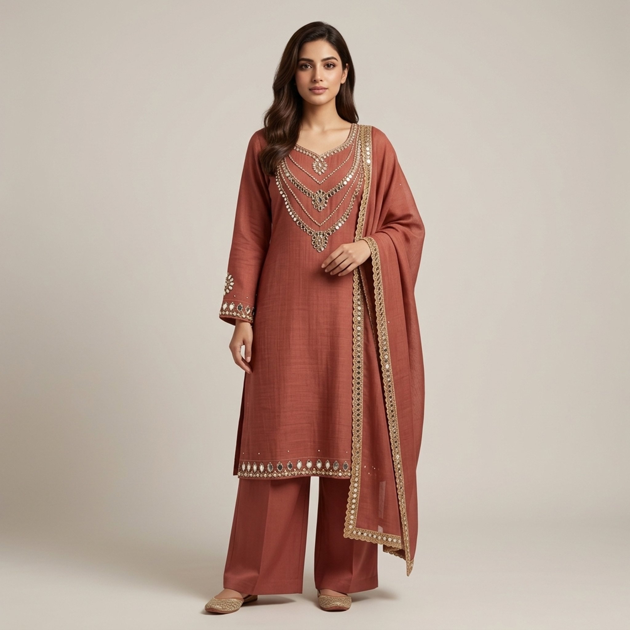 The Orange Gate Terracotta Mirror Work Kurta Set