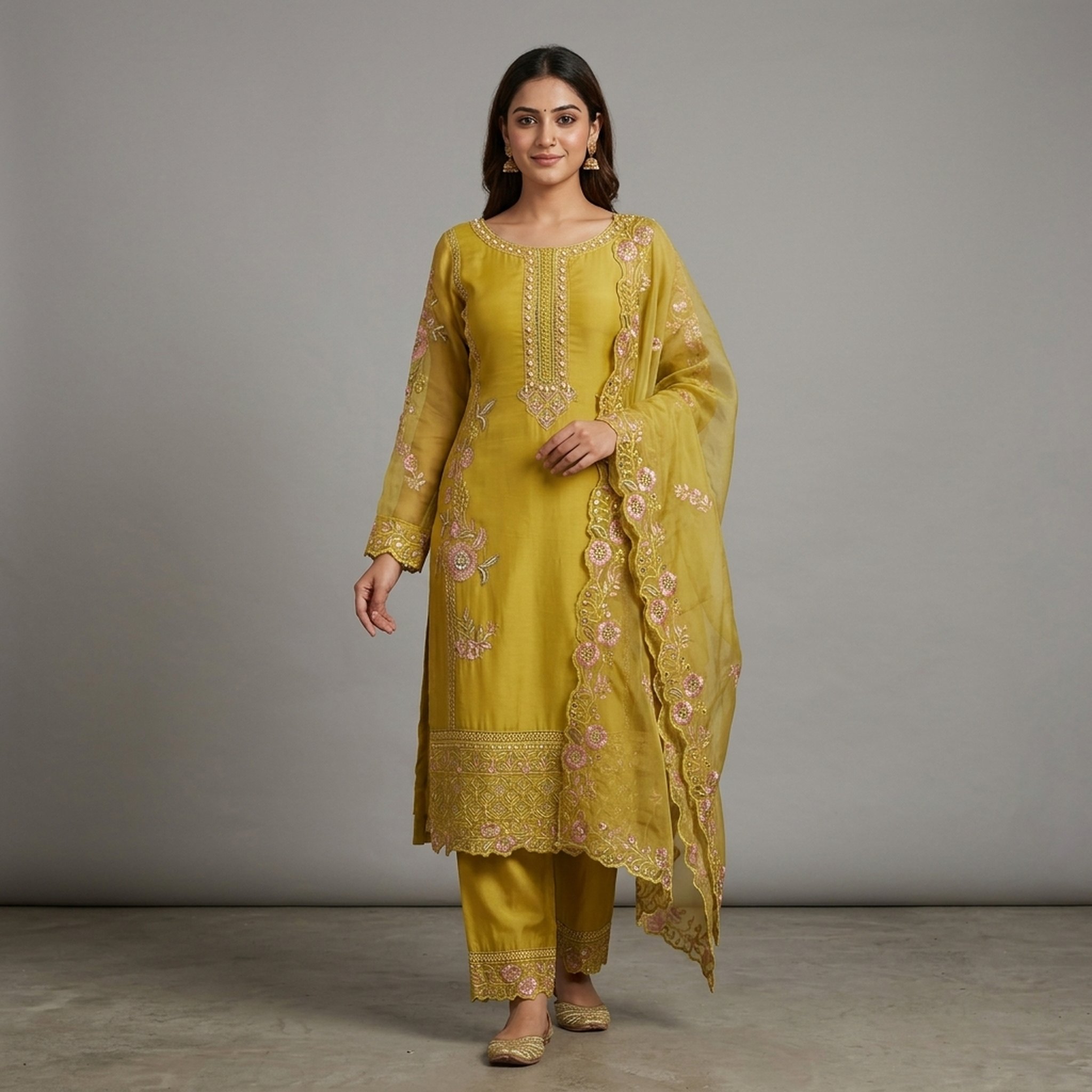 The Orange Gate Lime Green Embroidered Salwar Suit Set