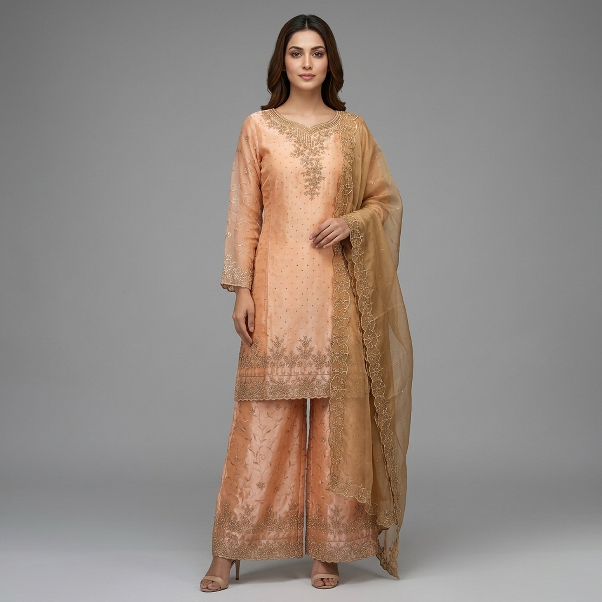 The Orange Gate Embroidered Peach Kurta with Palazzos