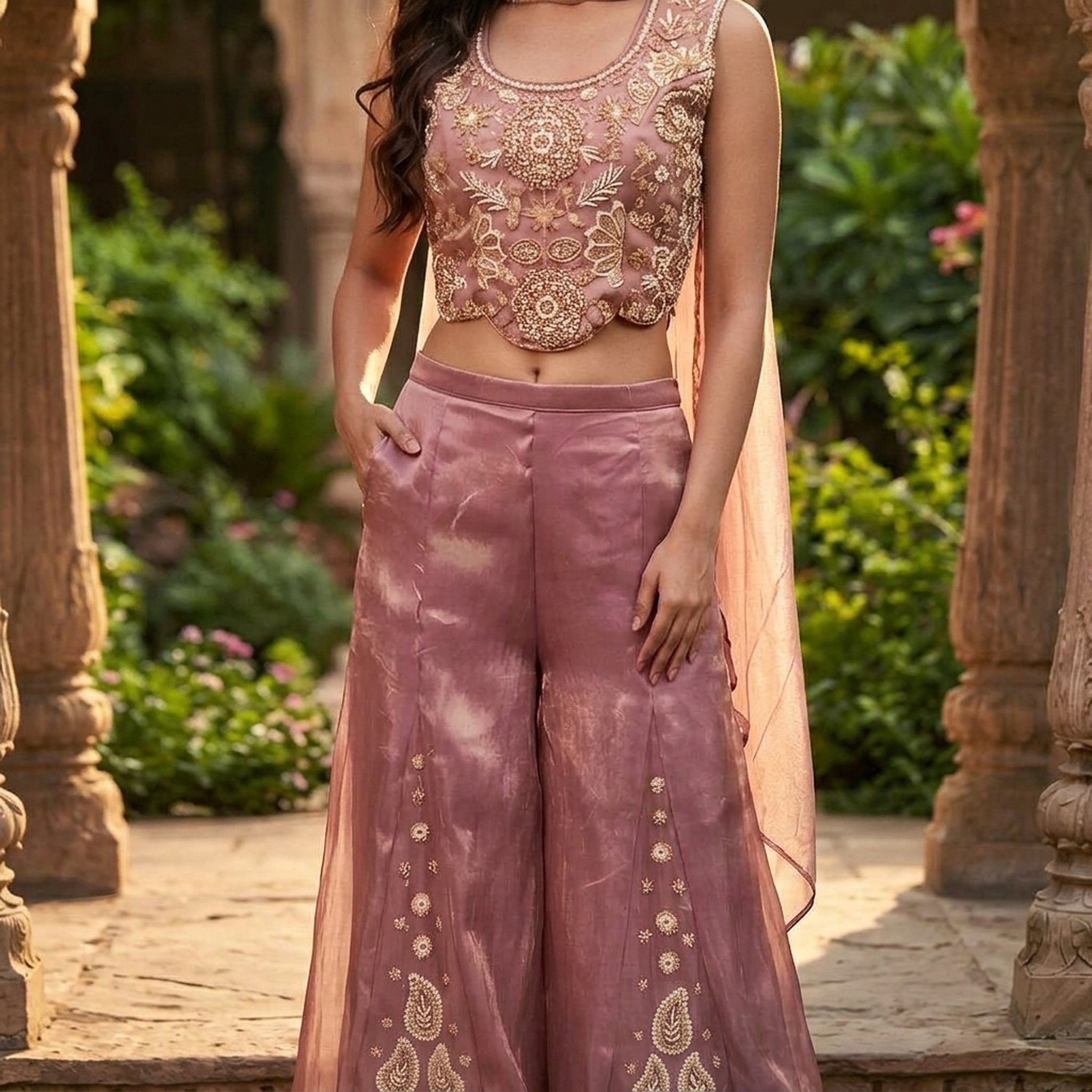 The orange gate Women's Embroidered Crop Top Palazzo Set 3