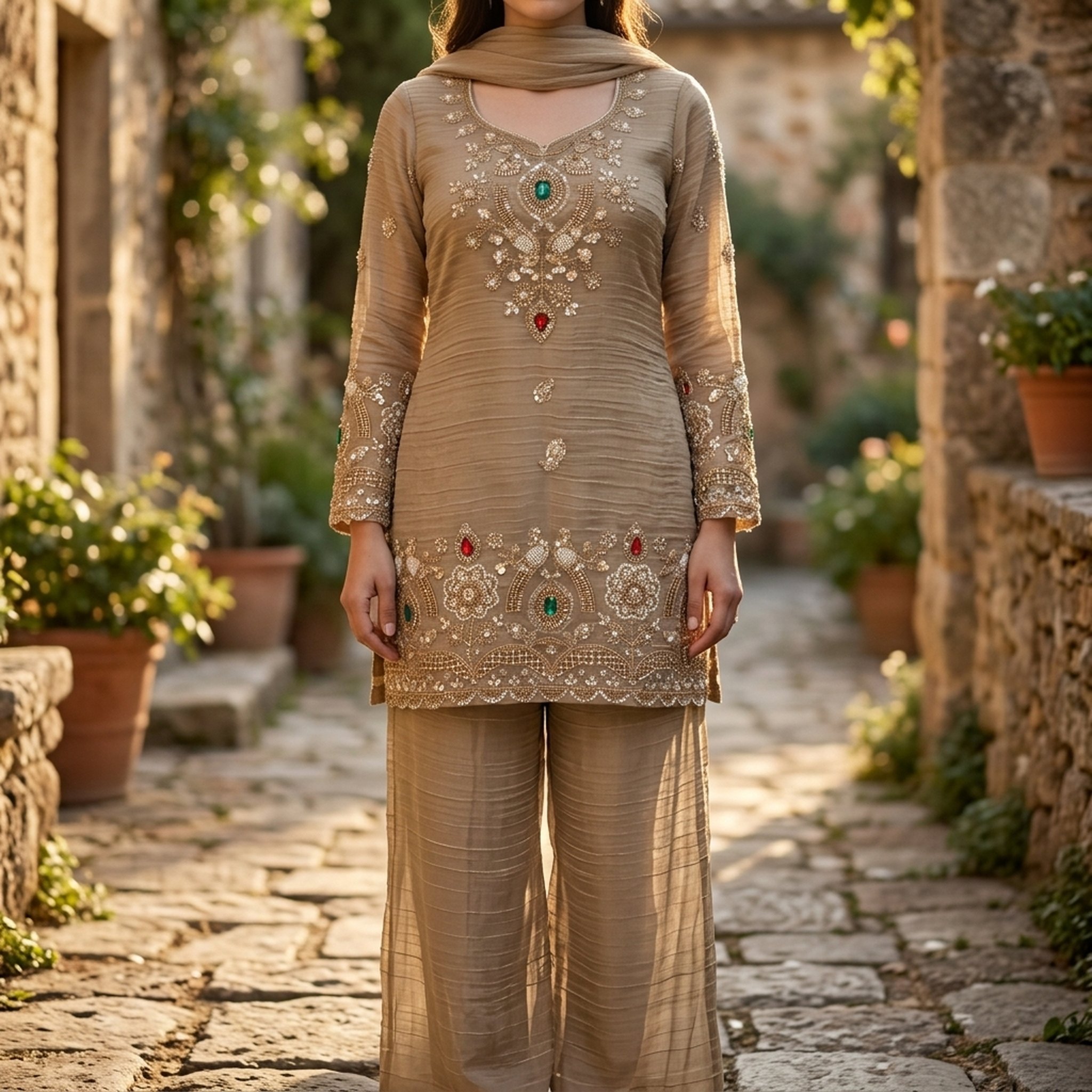 The orange gate Beige Embroidered Crinkle Salwar Suit 3