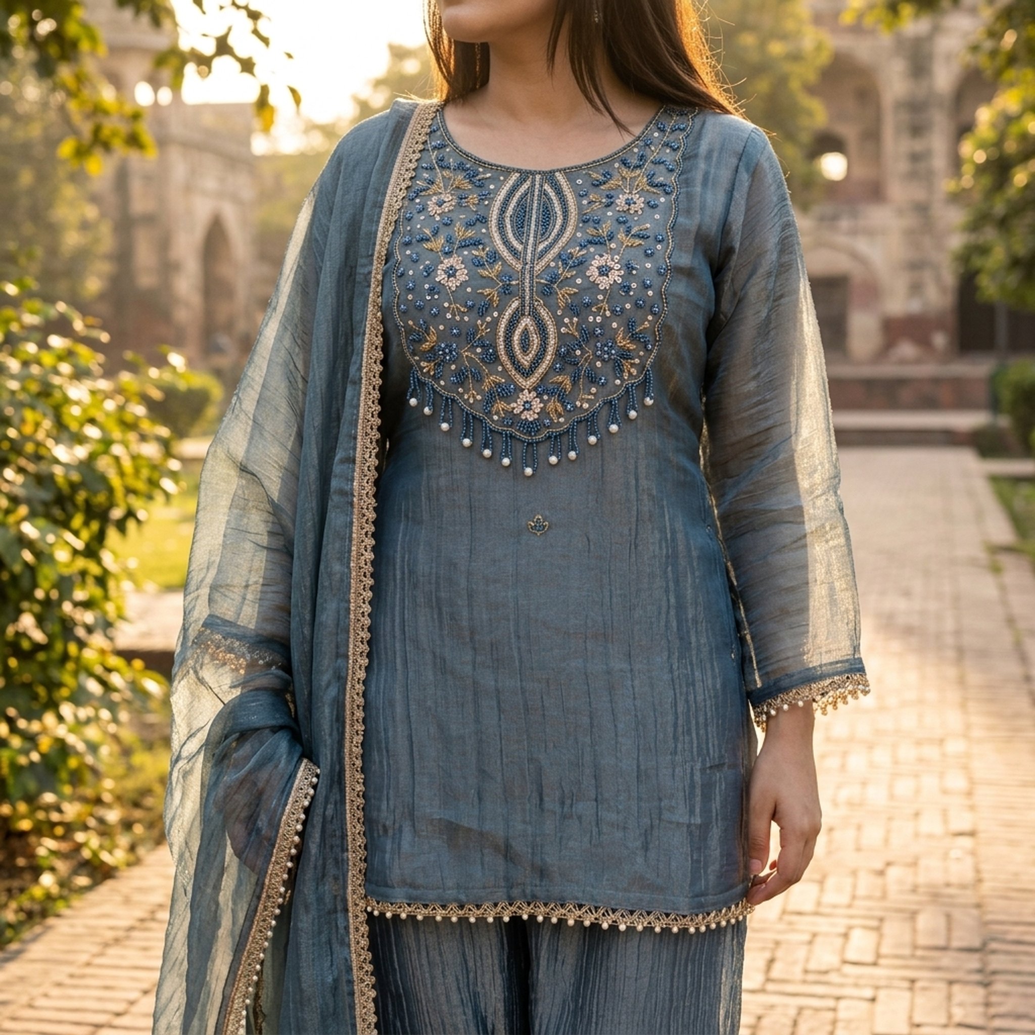 The orange gate Women's Blue Embroidered Salwar Suit 5