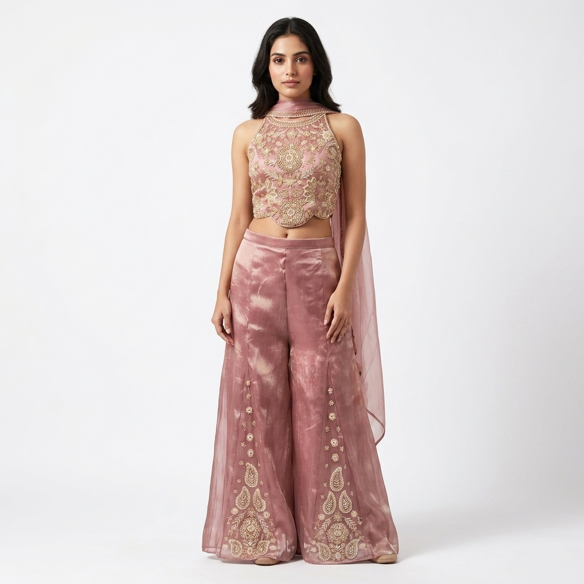 The orange gate Women's Embroidered Crop Top Palazzo Set