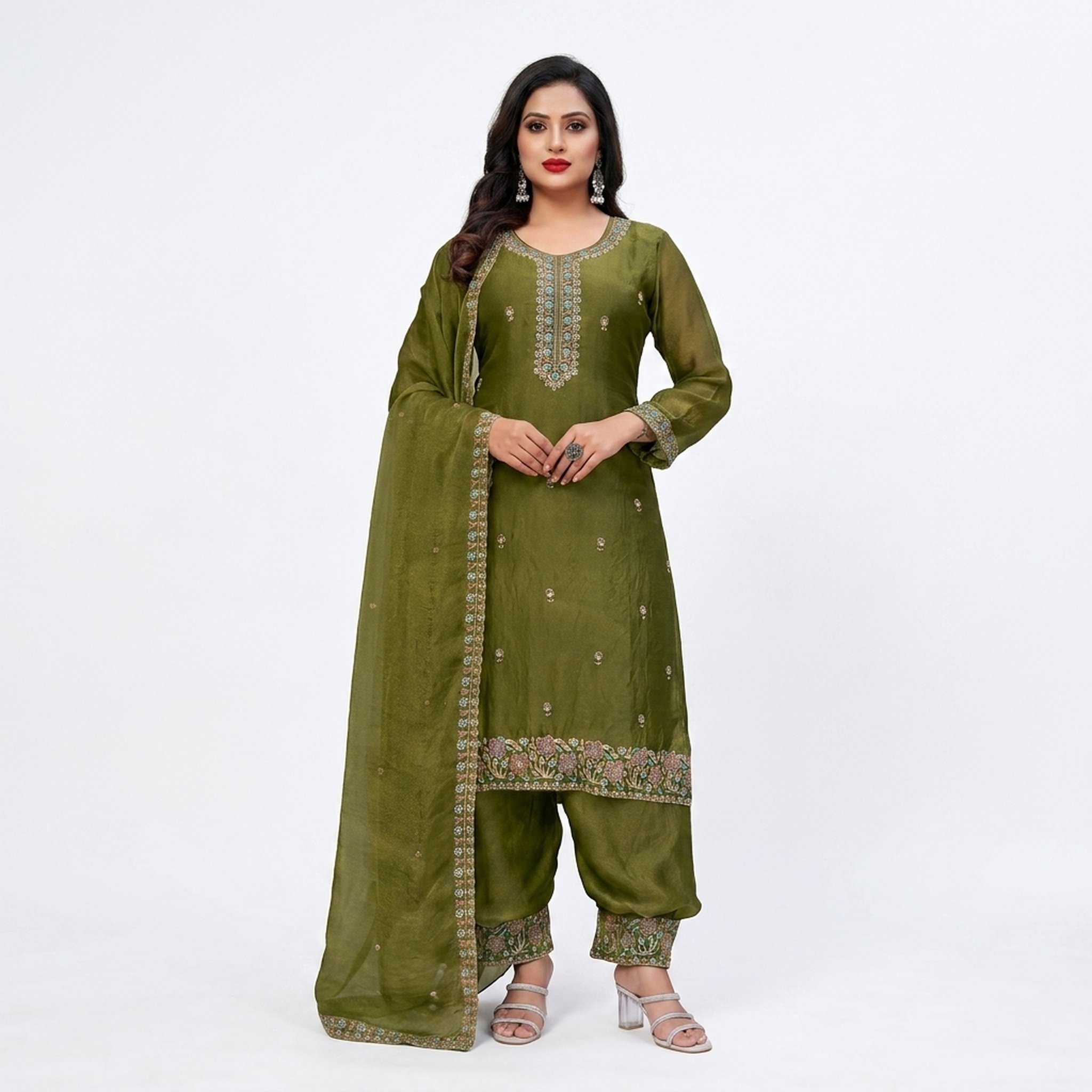 The orange gate Olive Green Embroidered Salwar Suit