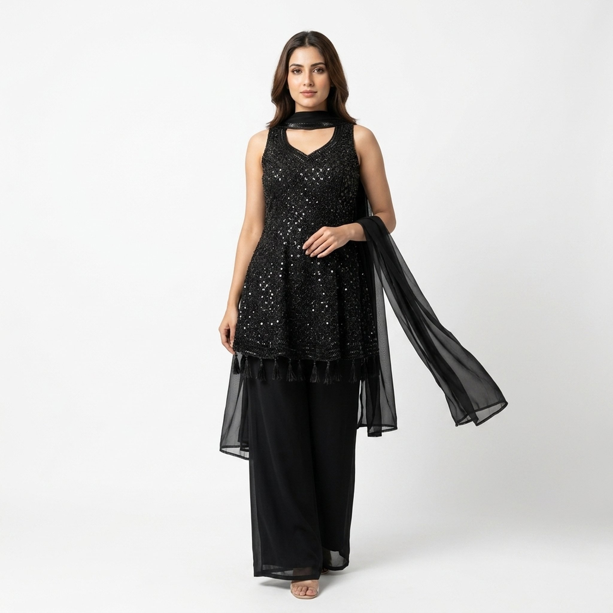 The orange gate Women's Black Sequin Palazzo Suit Set
