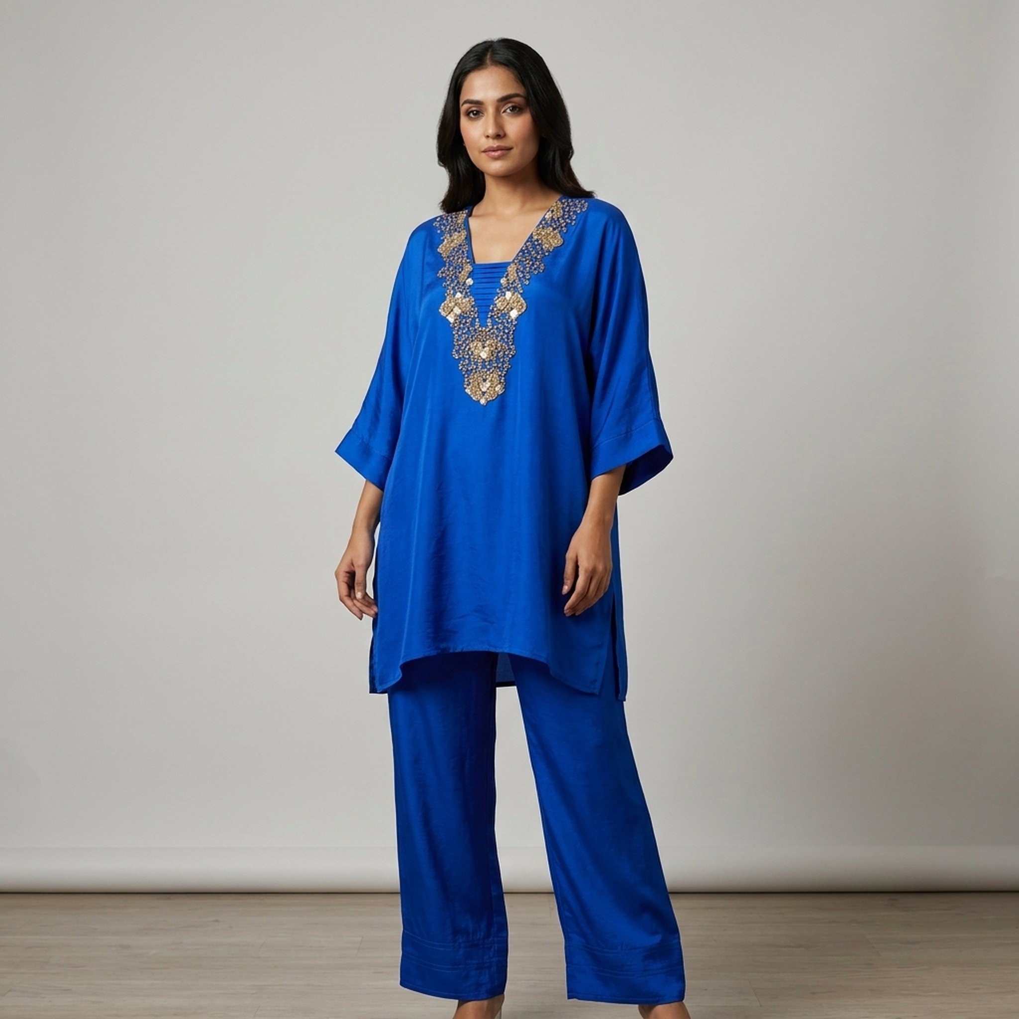 Wasan by farhan Royal Blue Embroidered Tunic with Farshi Salwar