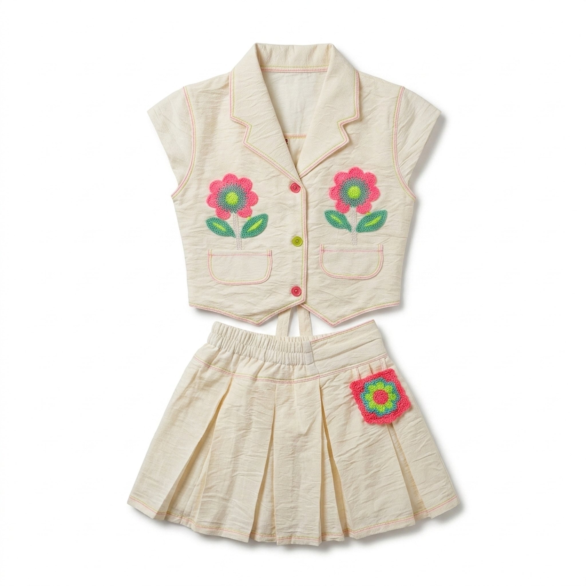 Cream Floral Applique Top Skirt Set