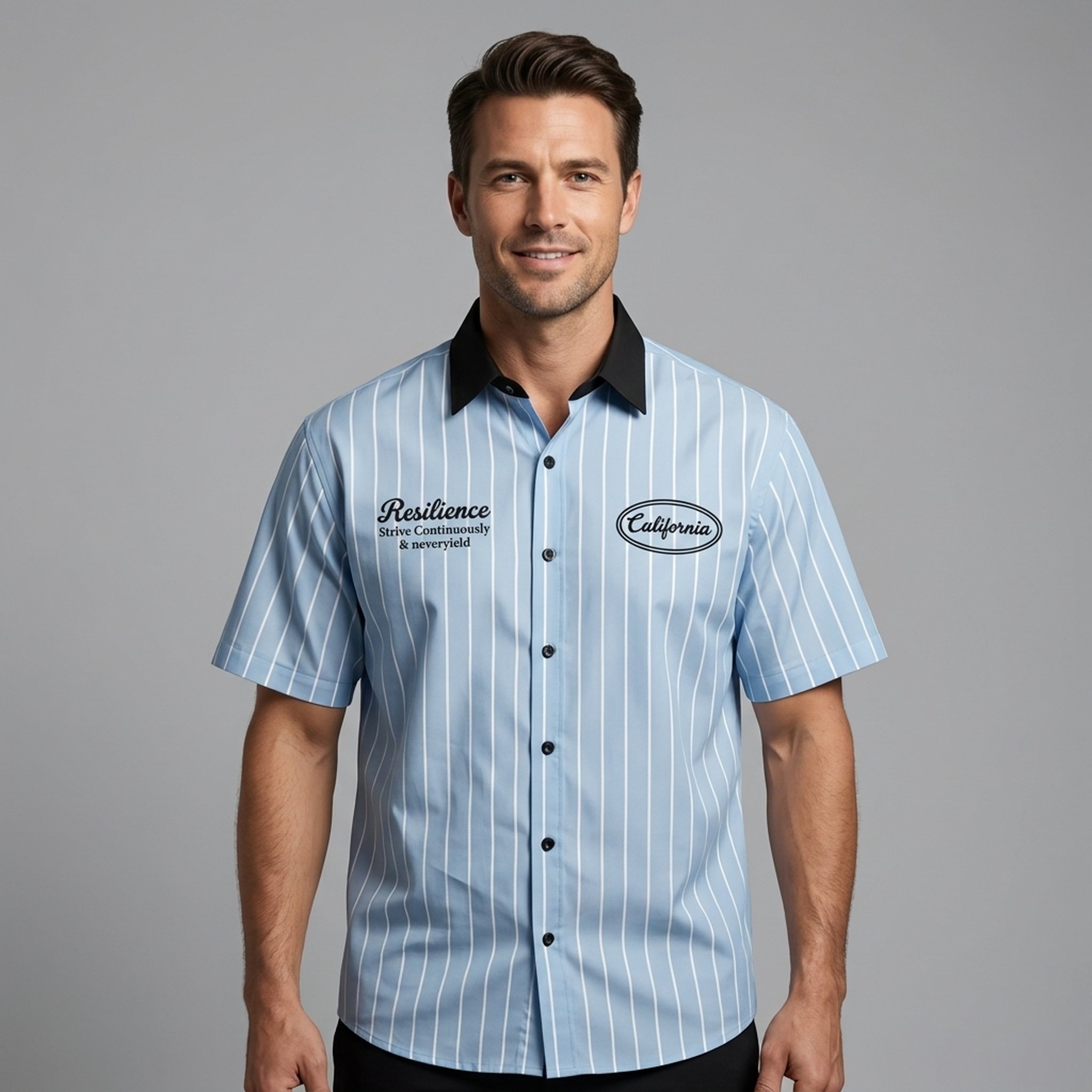 Mens Boxy Fit  Light Blue Striped Short Sleeve Shirt