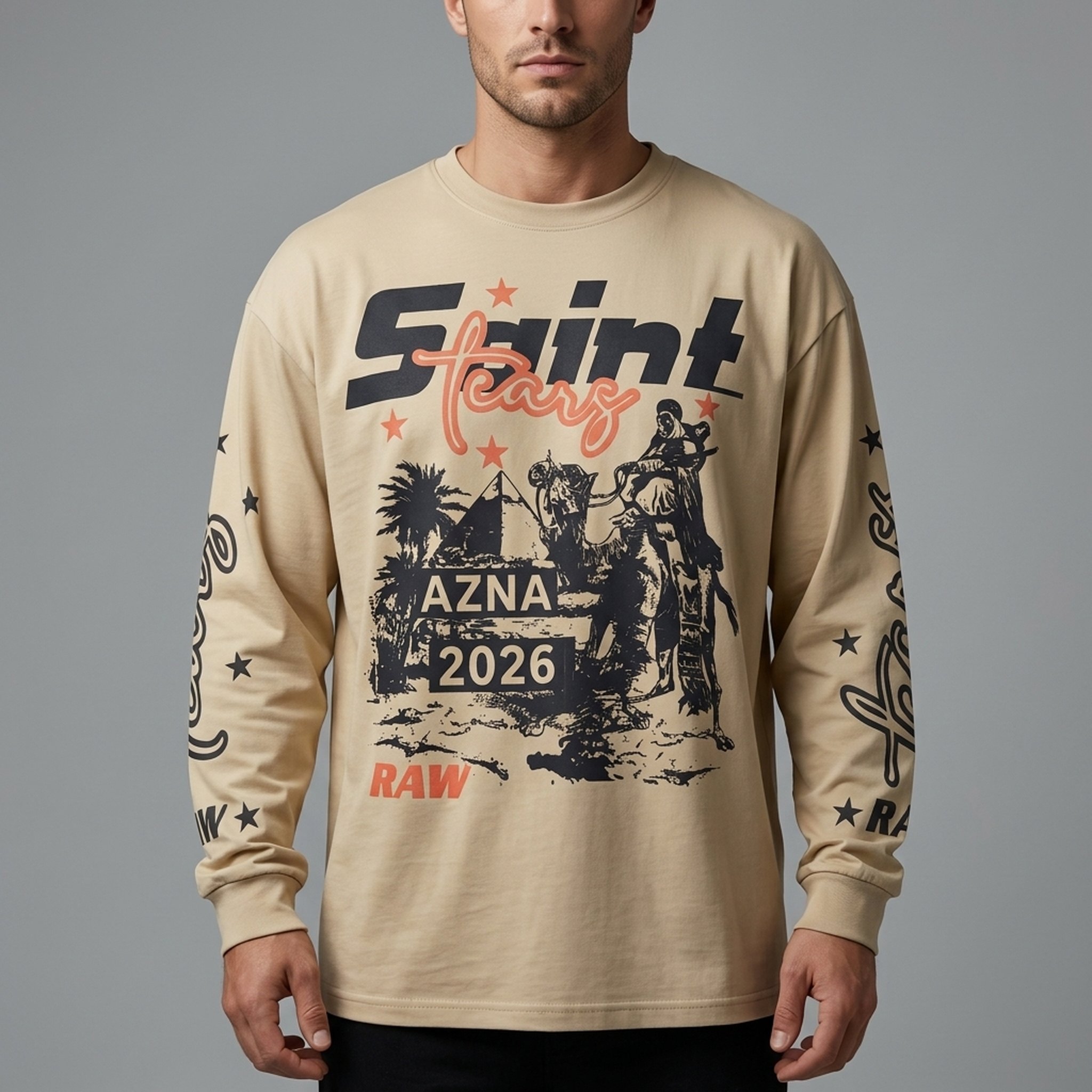 Nox18 Men's Beige Graphic Long Sleeve T-Shirt