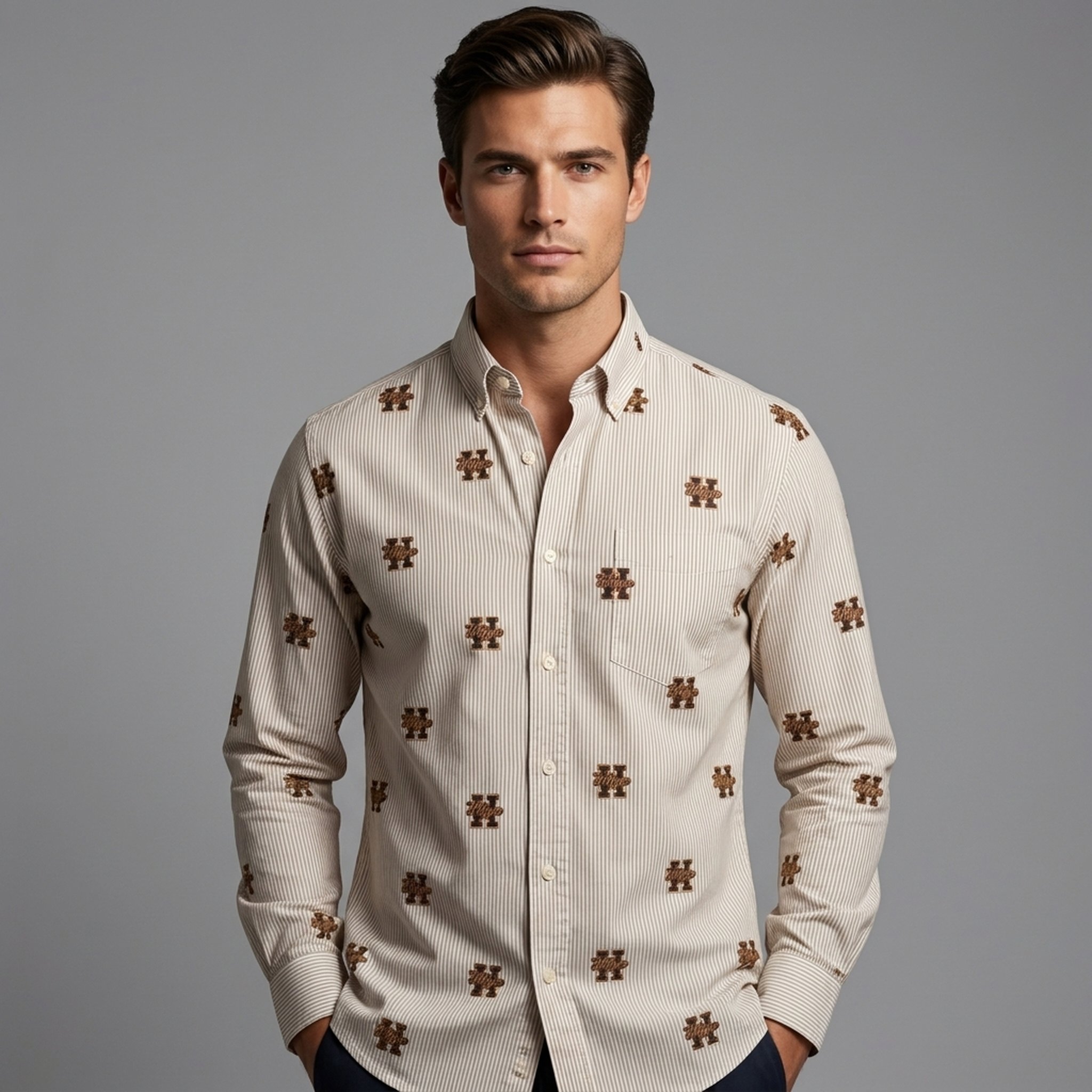 Nox18 Men's Beige Striped Embroidered Shirt