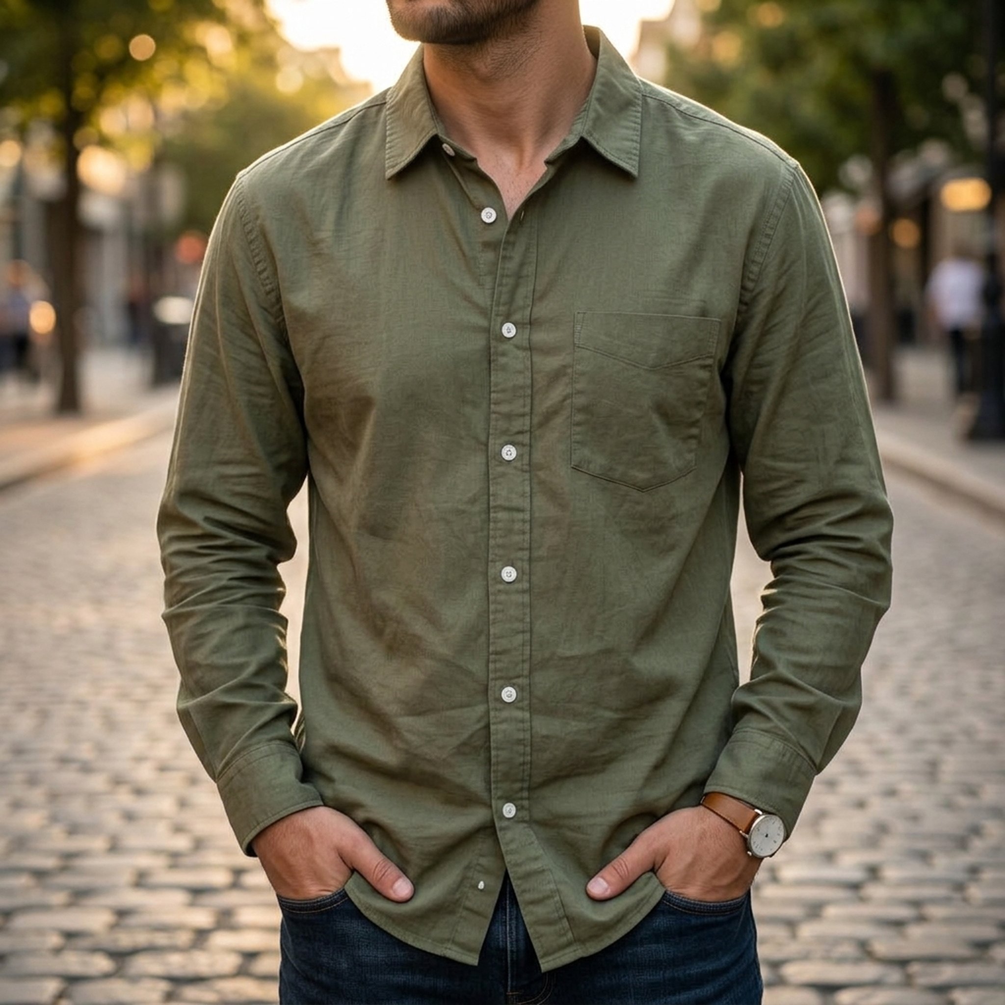 Nox18 Men's Olive Green Linen Shirt 5