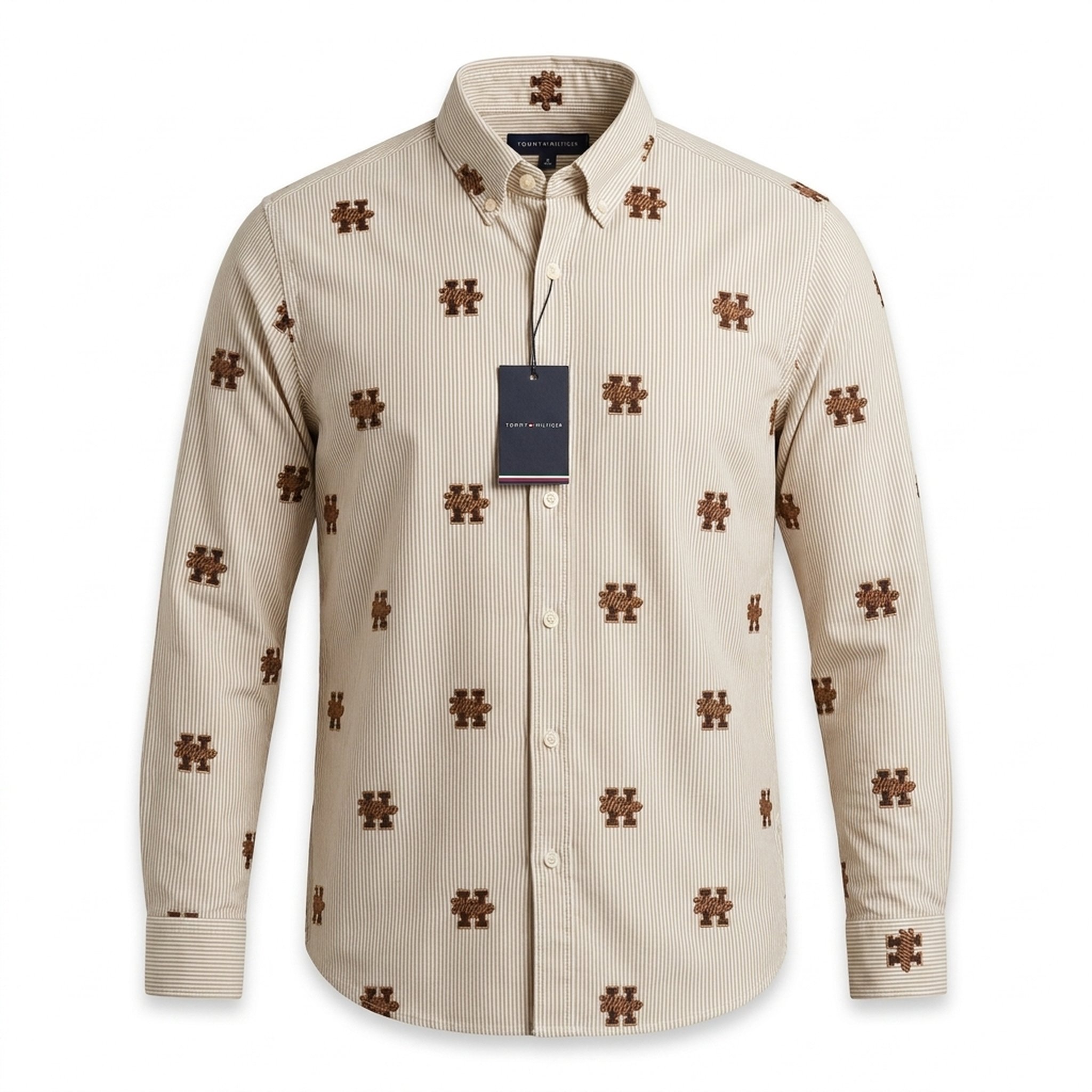 Nox18 Men's Beige Striped Embroidered Shirt 3