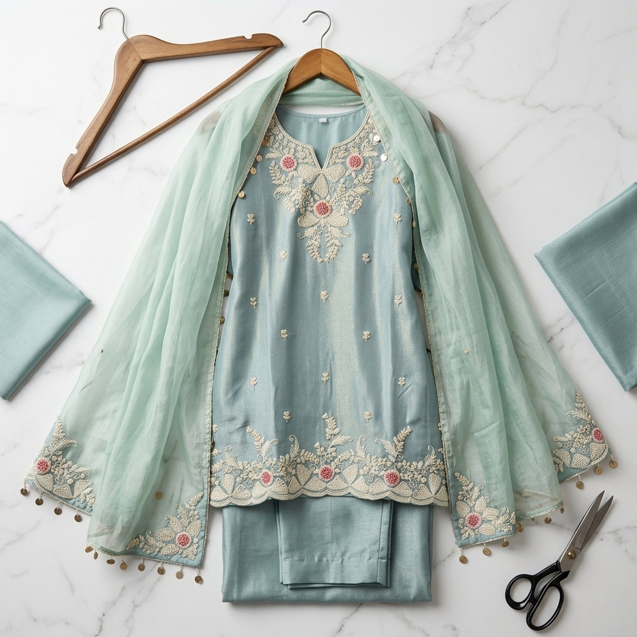 Noopur Clothing Blue Embroidered Kurti Pant Dupatta Set (n552205) 4