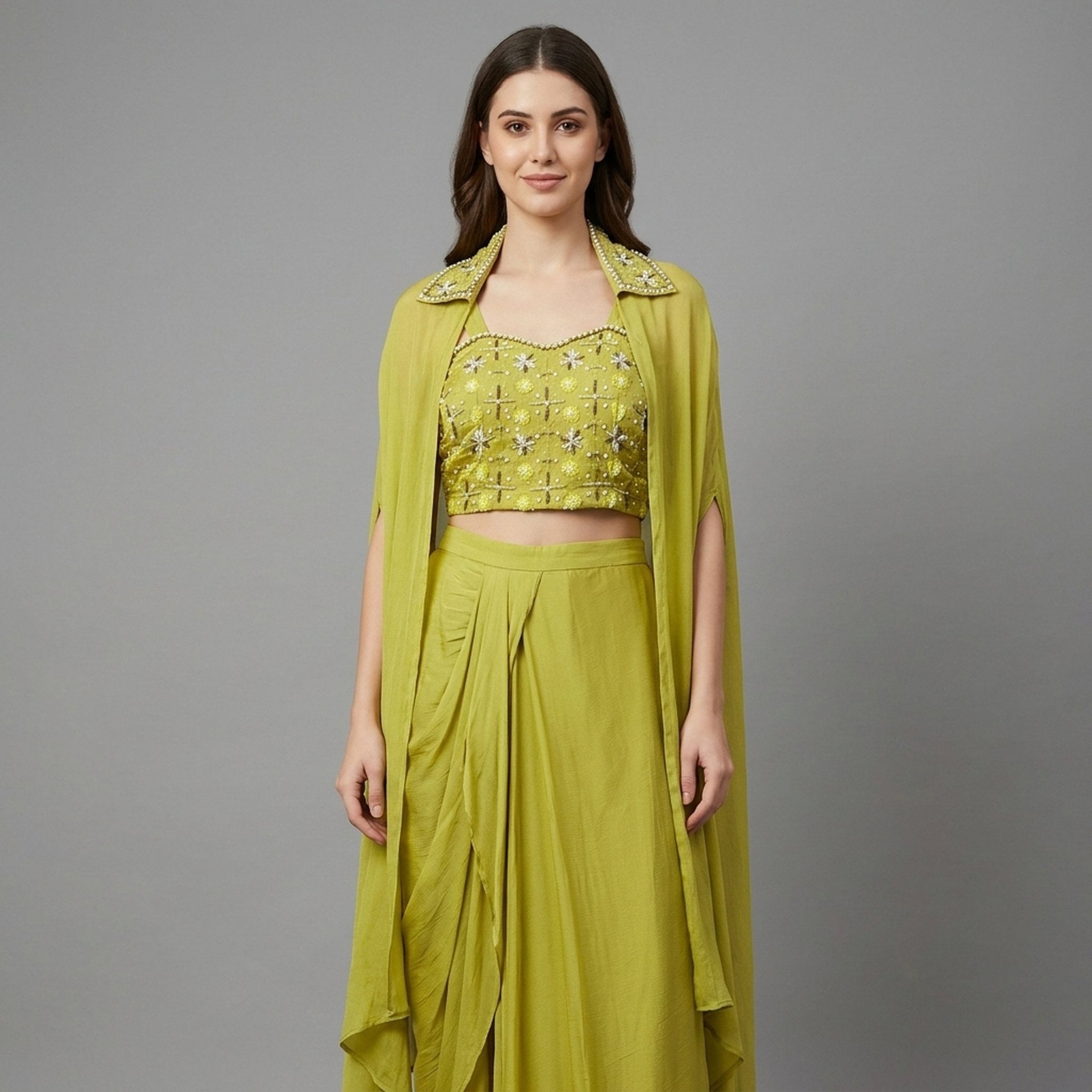 Noopur Clothing Lime Green Embellished Cape Set(KB333)