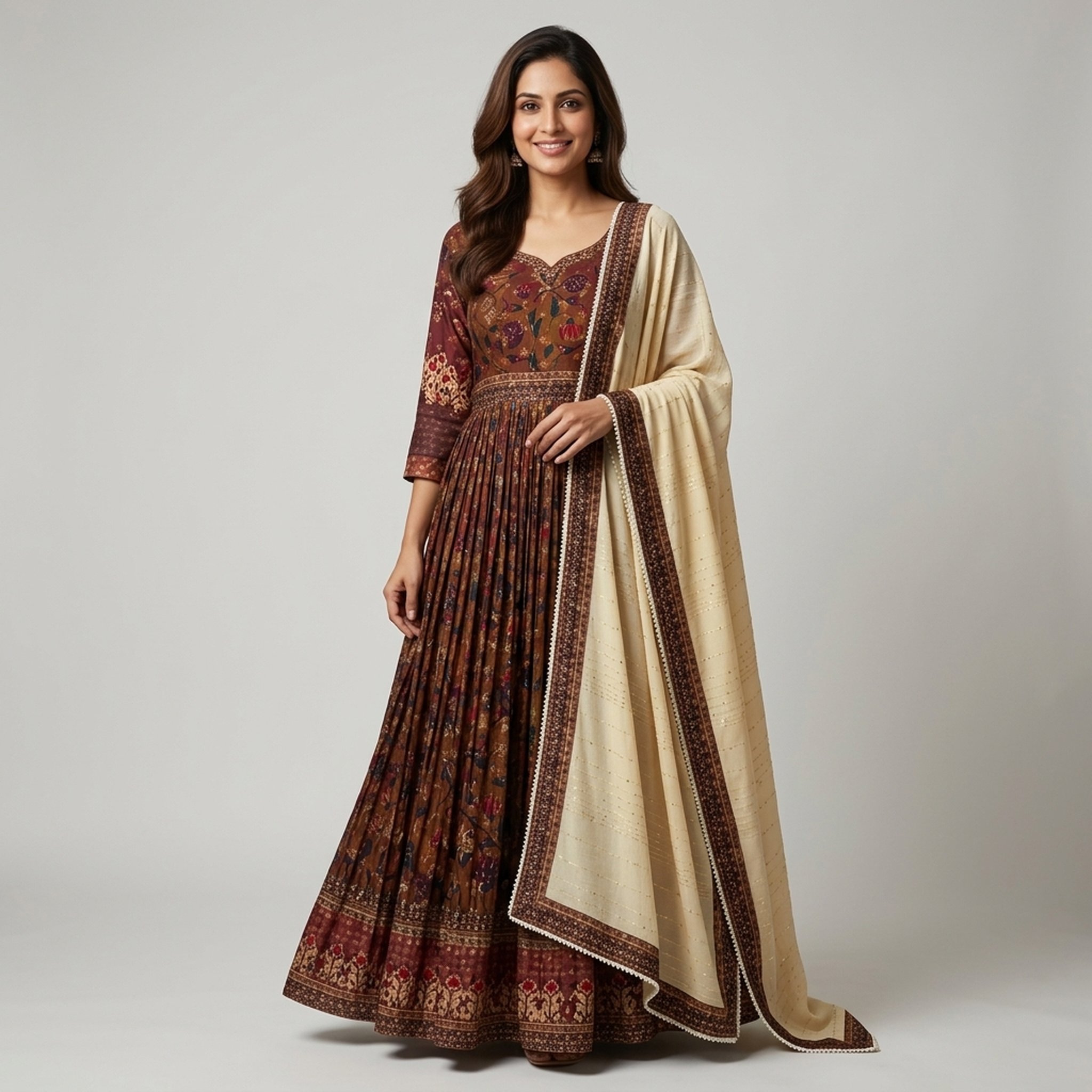 Noopur Clothing Women's Brown Printed Anarkali Suit Set