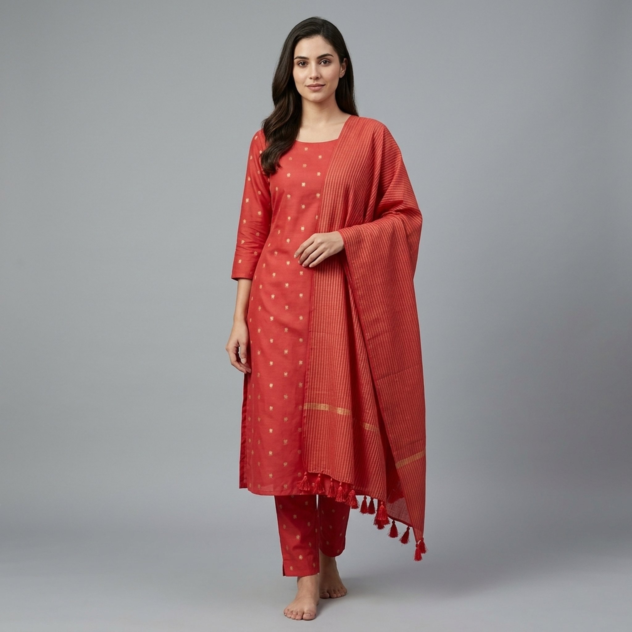 Noopur Clothing Red Foil Print Kurta Set with Dupatta
