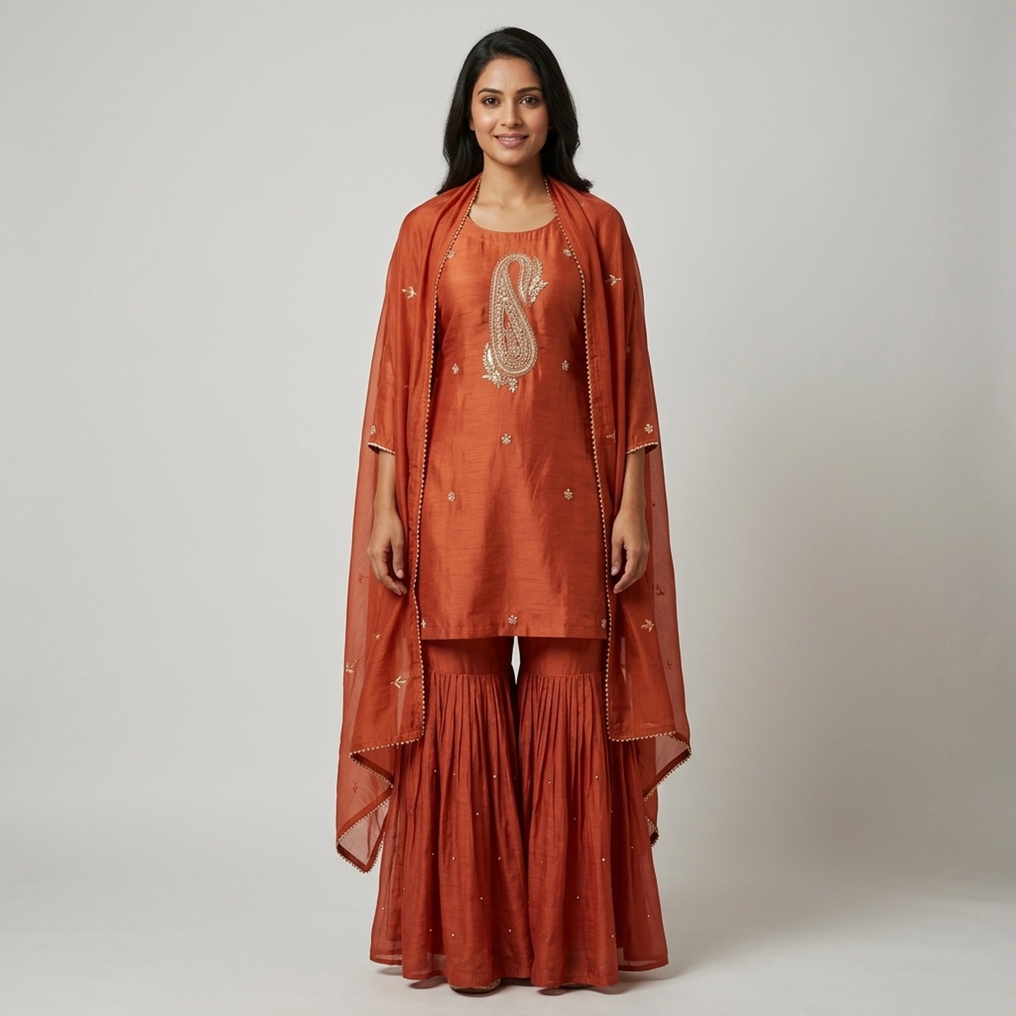 Noopur Clothing Rust Embroidered Kurti Sharara Set (N565905)