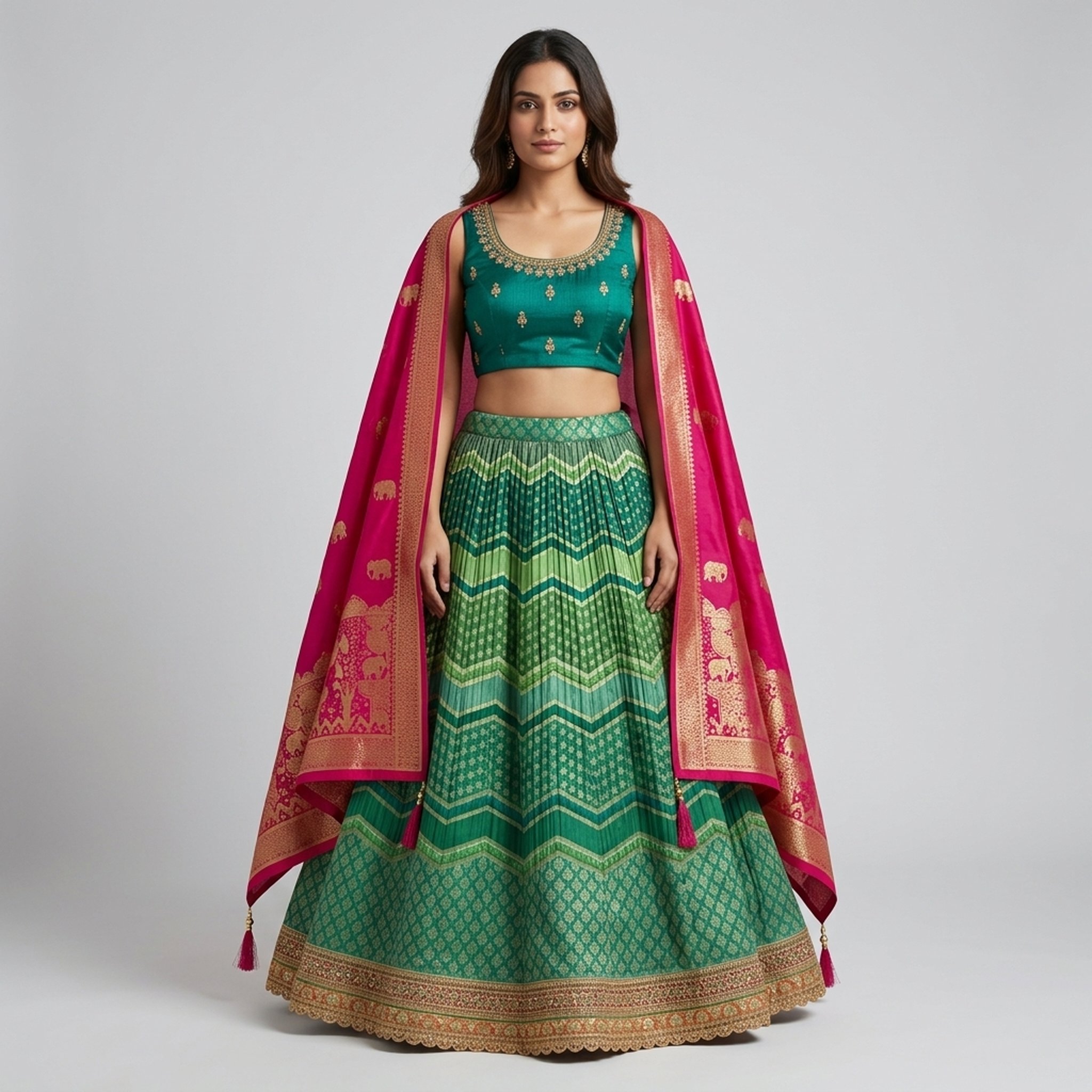 Noopur Clothing Green Pink Brocade Lehenga Set