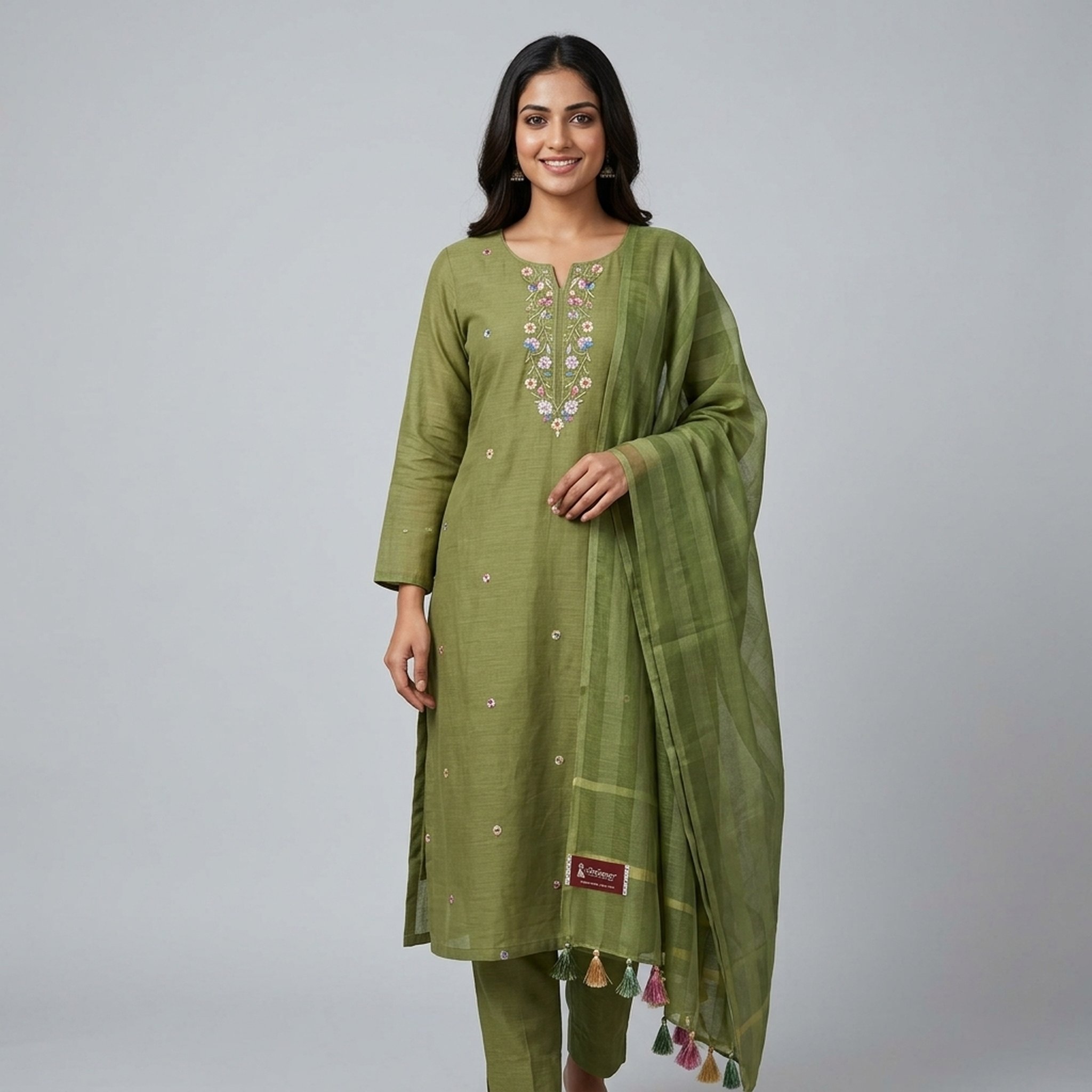 Noopur Clothing Unstitched Olive Green Embroidered Suit Set