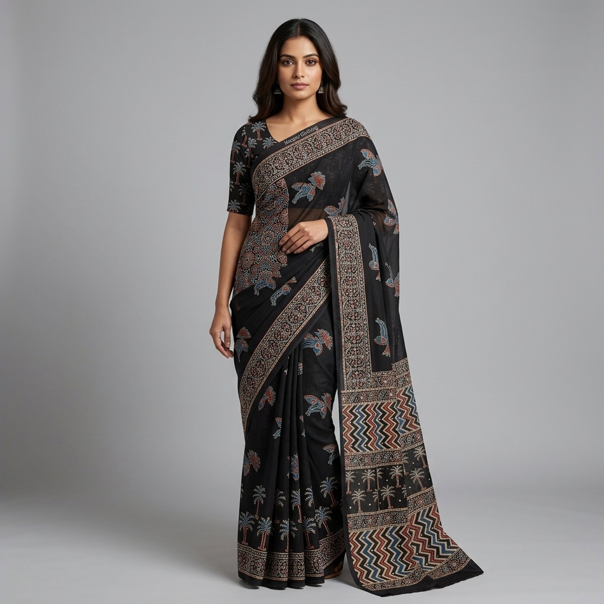 Pure modal Azrakh saree with hand work