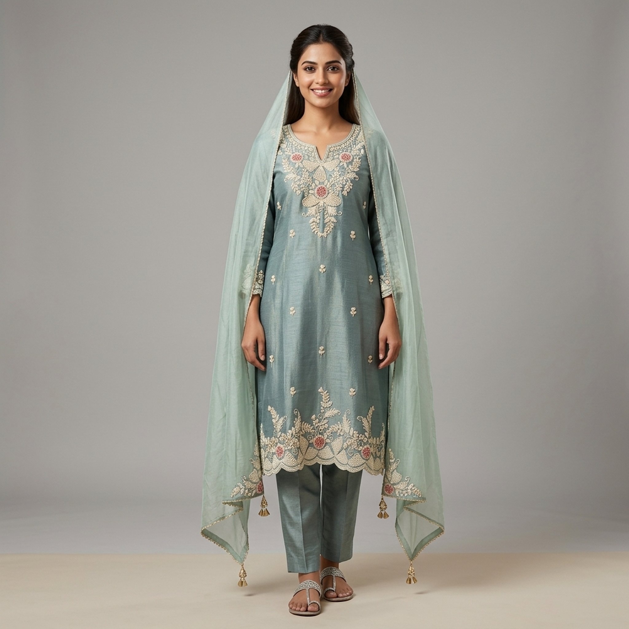 Noopur Clothing Blue Embroidered Kurti Pant Dupatta Set (n552205)