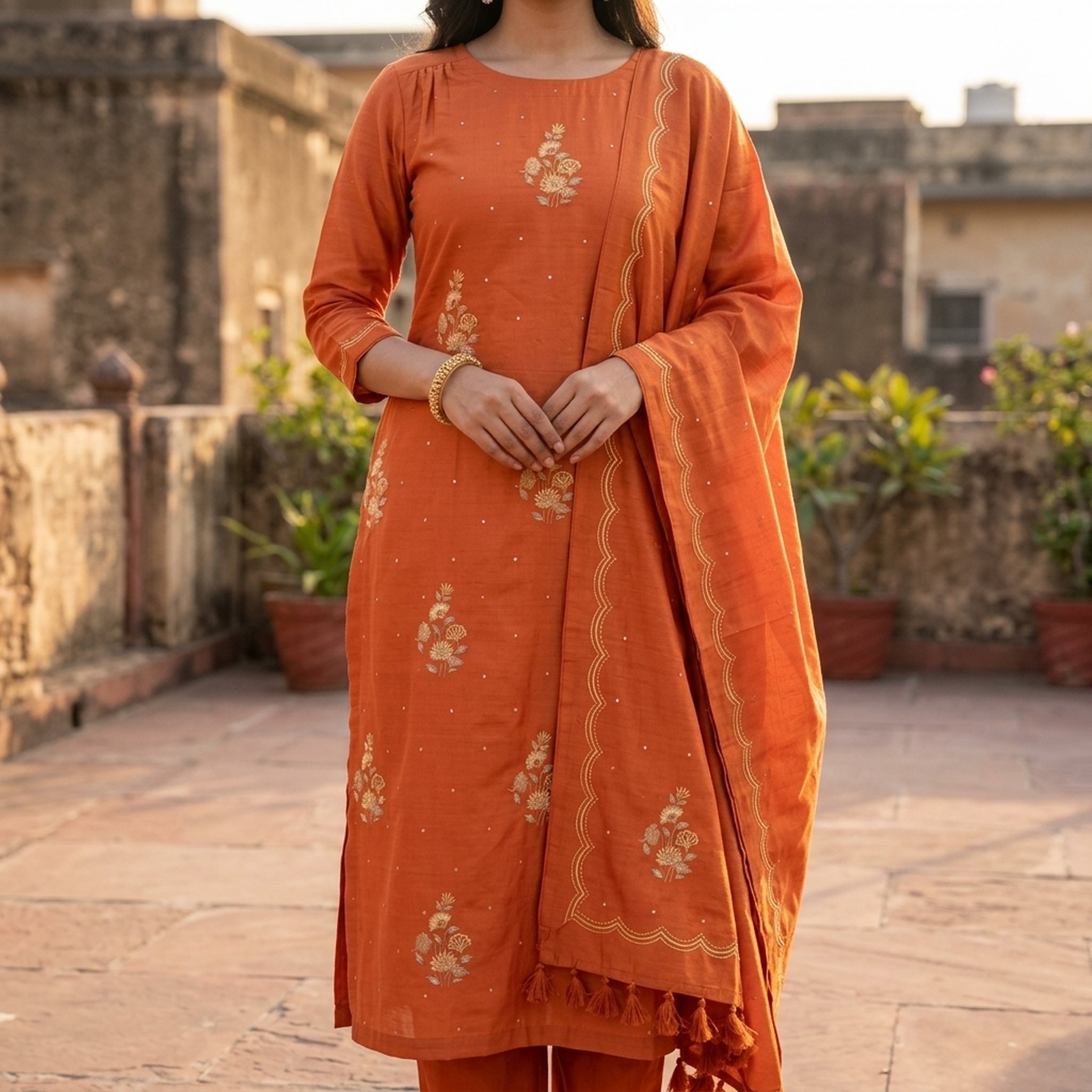 Noopur Clothing Orange Embroidered Kurta Set with Dupatta  j-17 5