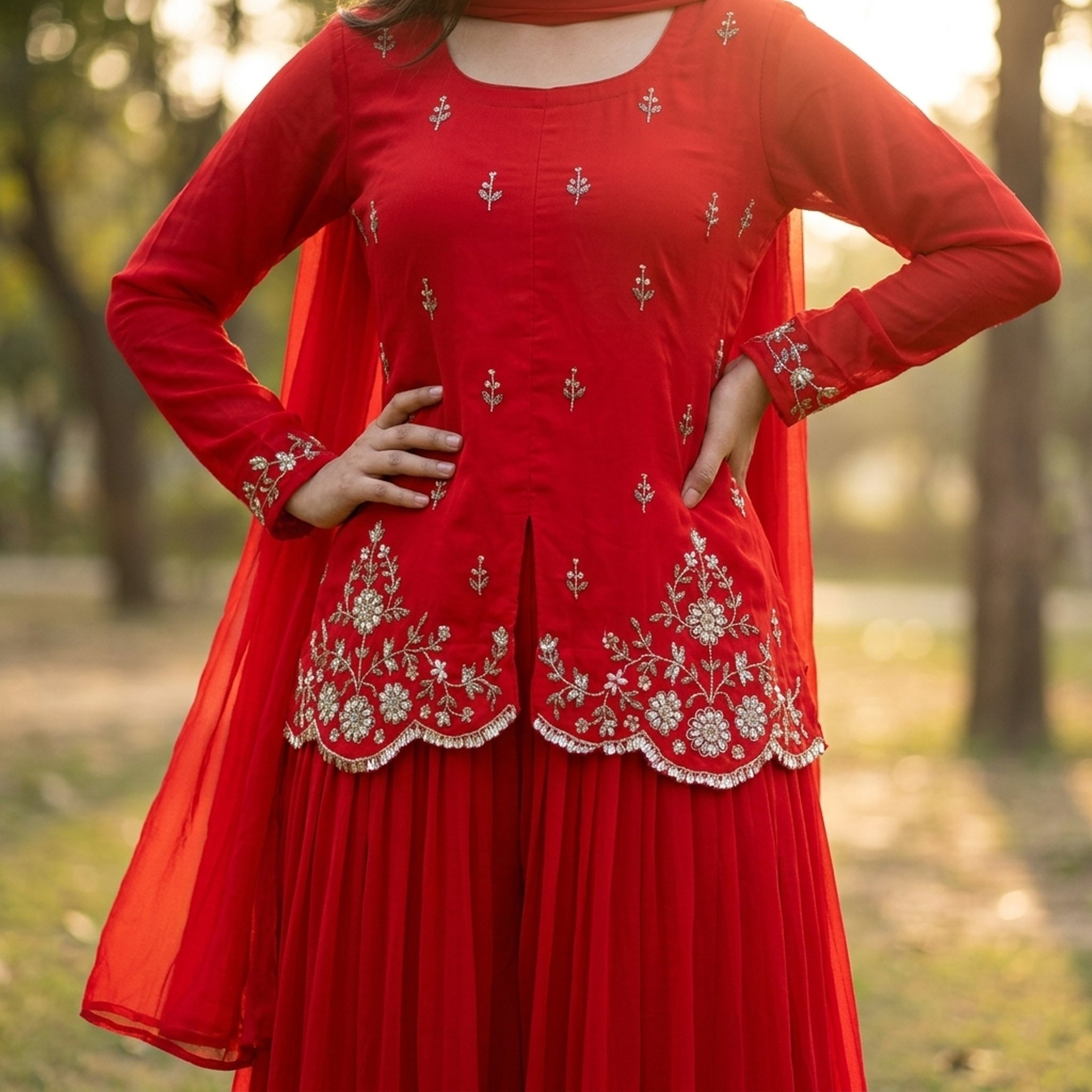 Noopur Clothing Red Embroidered Peplum Skirt Set (na2308) 5