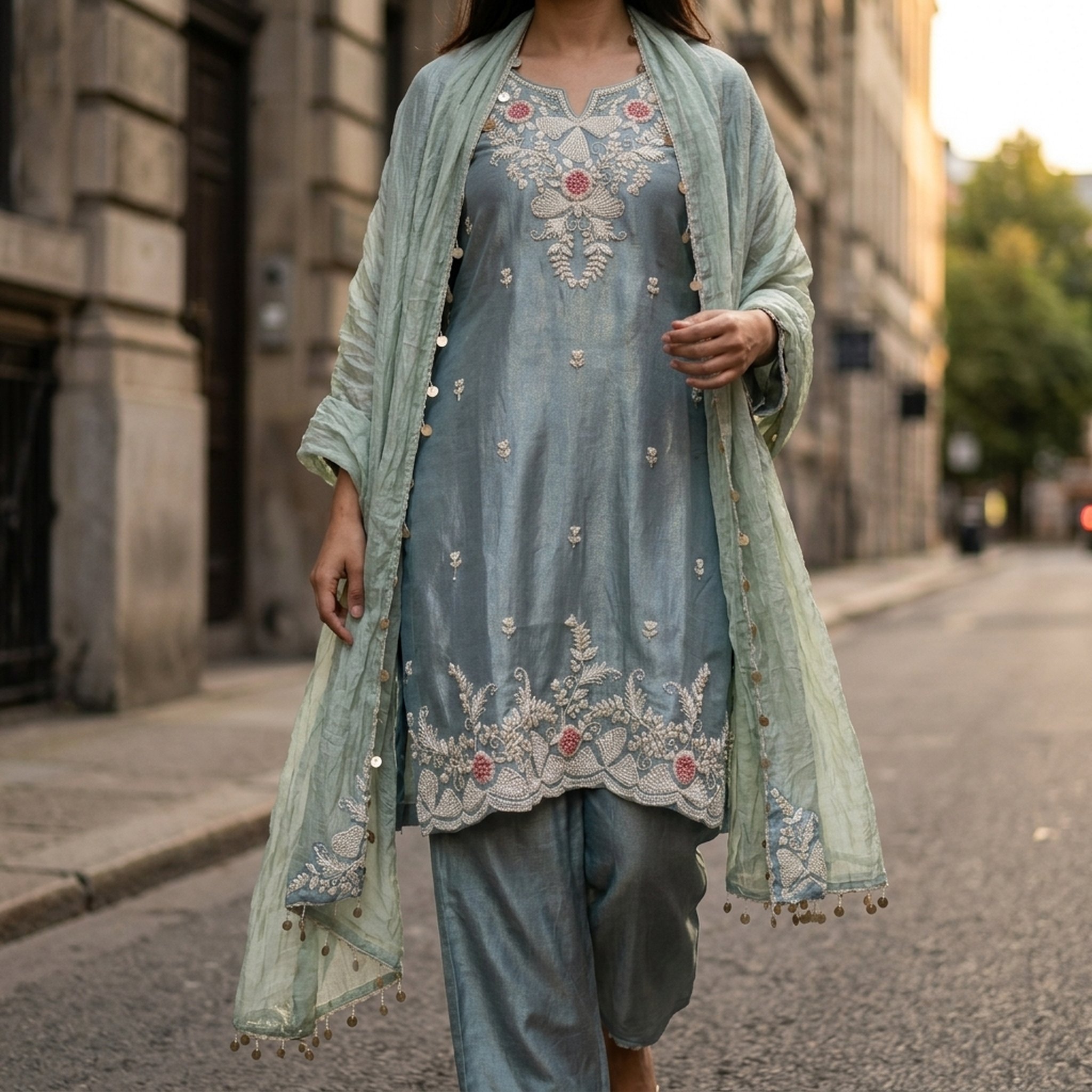 Noopur Clothing Blue Embroidered Kurti Pant Dupatta Set (n552205) 5