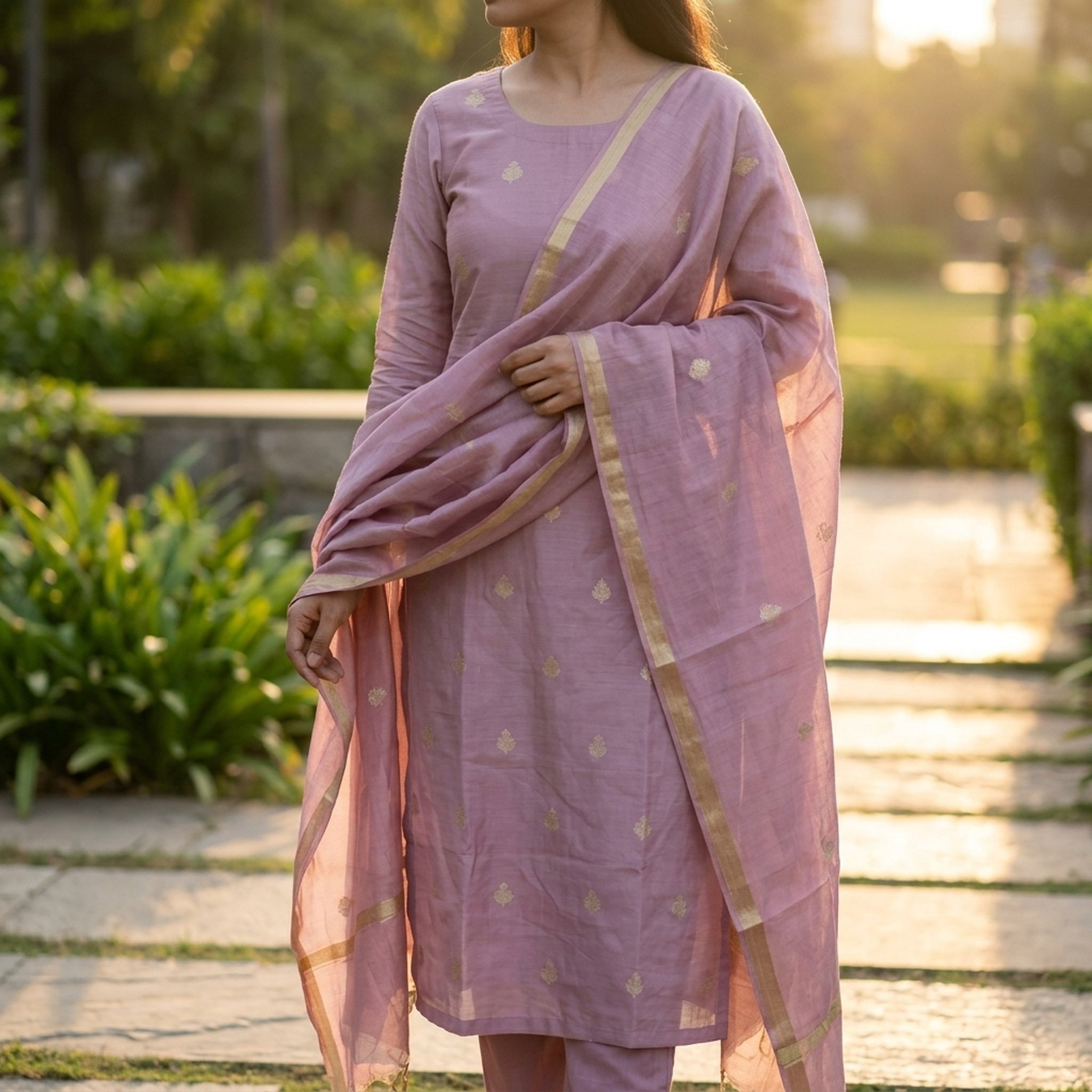 Noopur Clothing Mauve Gold Motif Kurta Dupatta Set 5