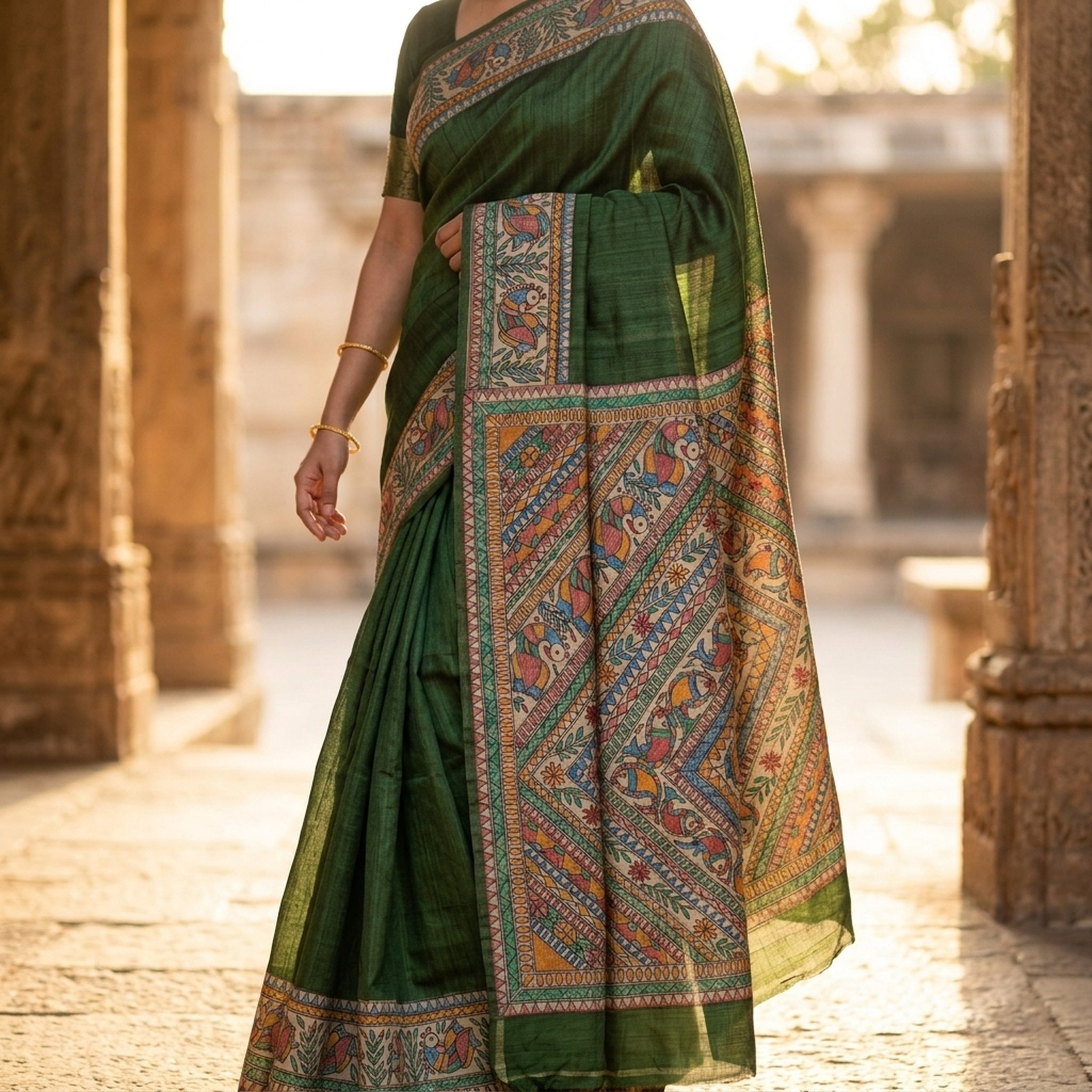 Noopur Clothing Green Handpainted Tussar Silk Saree 5