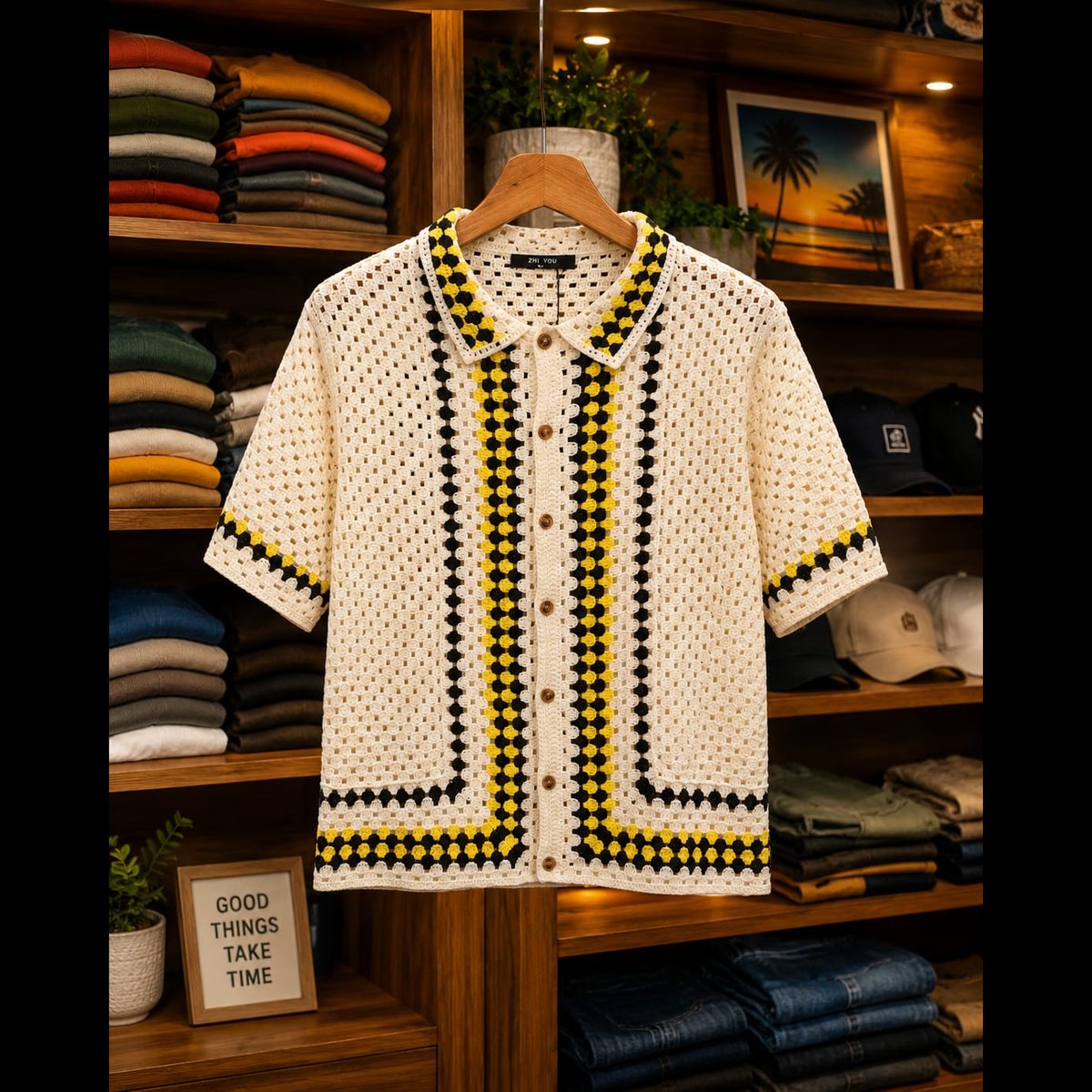 BLESSINGS Men's Crochet Patterned Short Sleeve Shirt 4
