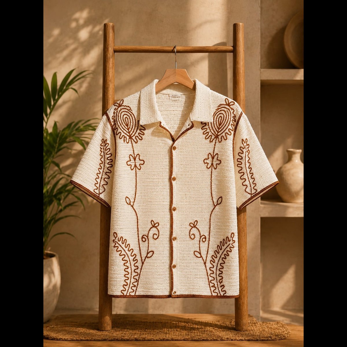 BLESSINGS Men's Crochet Patterned Short Sleeve Shirt