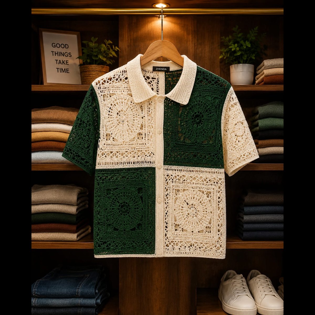 BLESSINGS Men's Crochet Patterned Short Sleeve Shirt 2