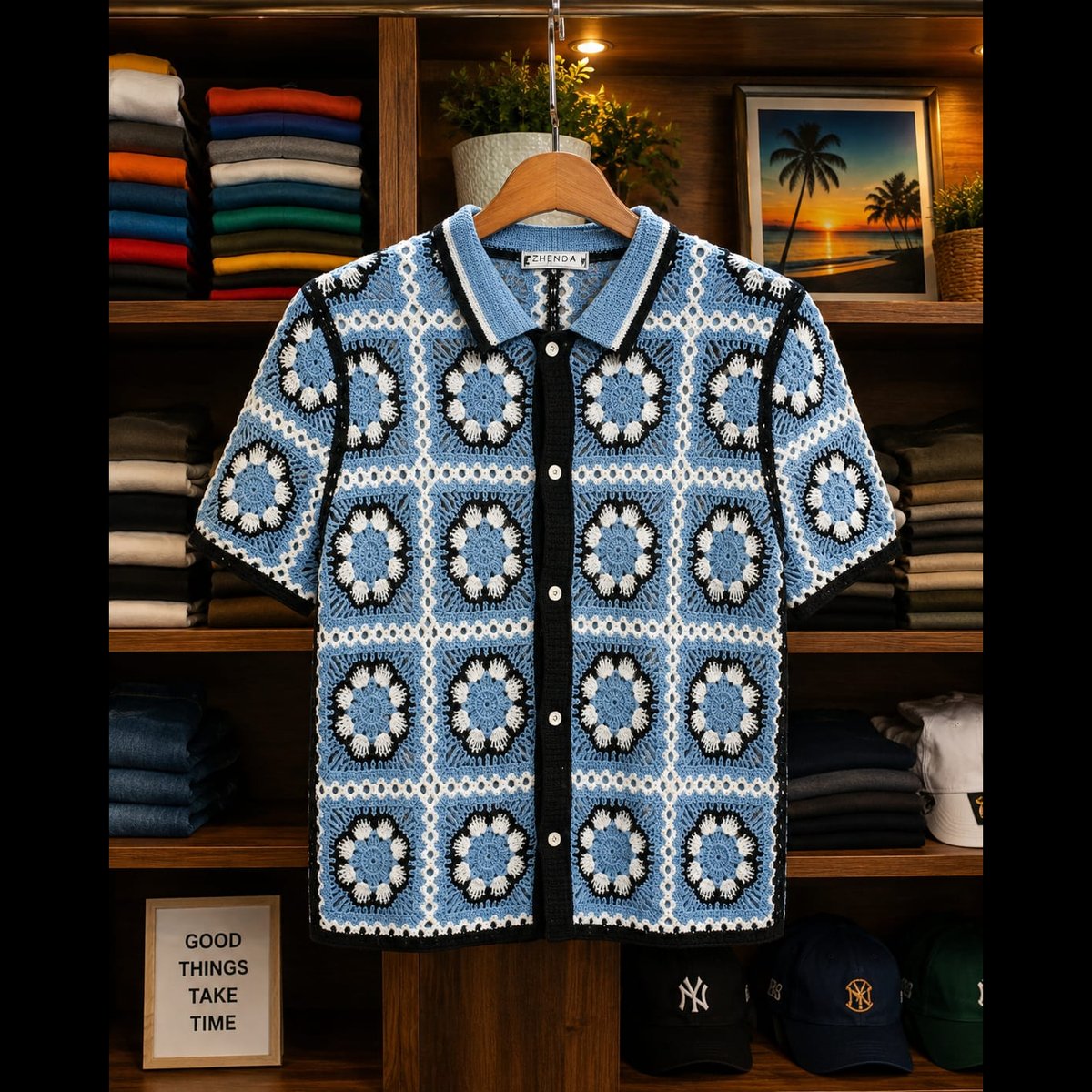 BLESSINGS Men's Crochet Patterned Short Sleeve Shirt 3
