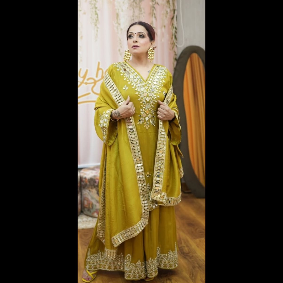 Trendy hangers Mustard Mirror Work Palazzo Suit Set