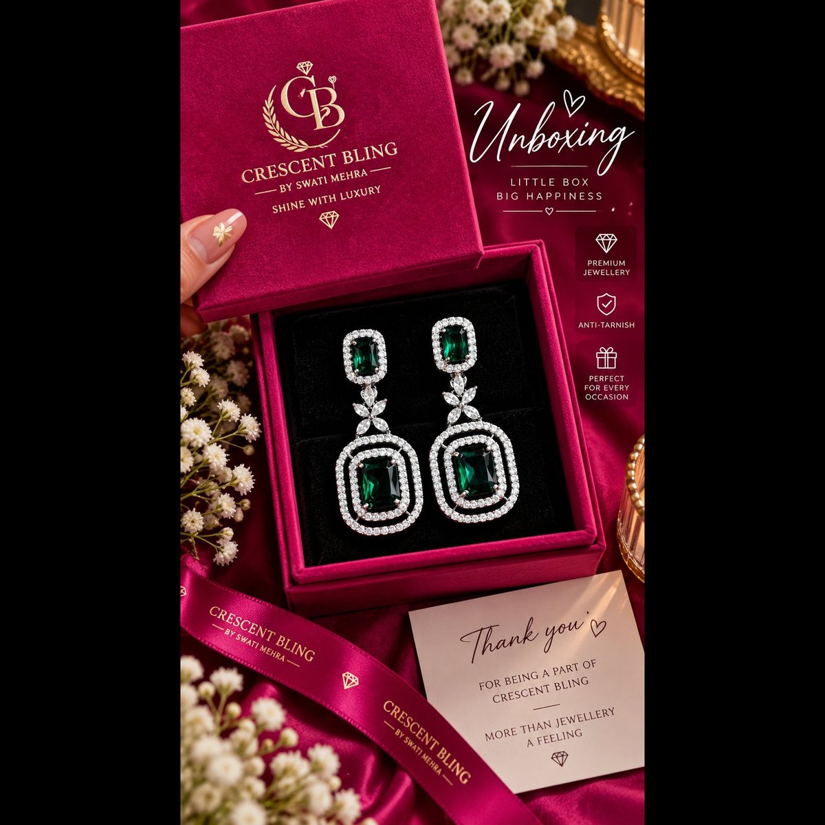 Crescent bling Emerald Green Stone Drop Earrings 2