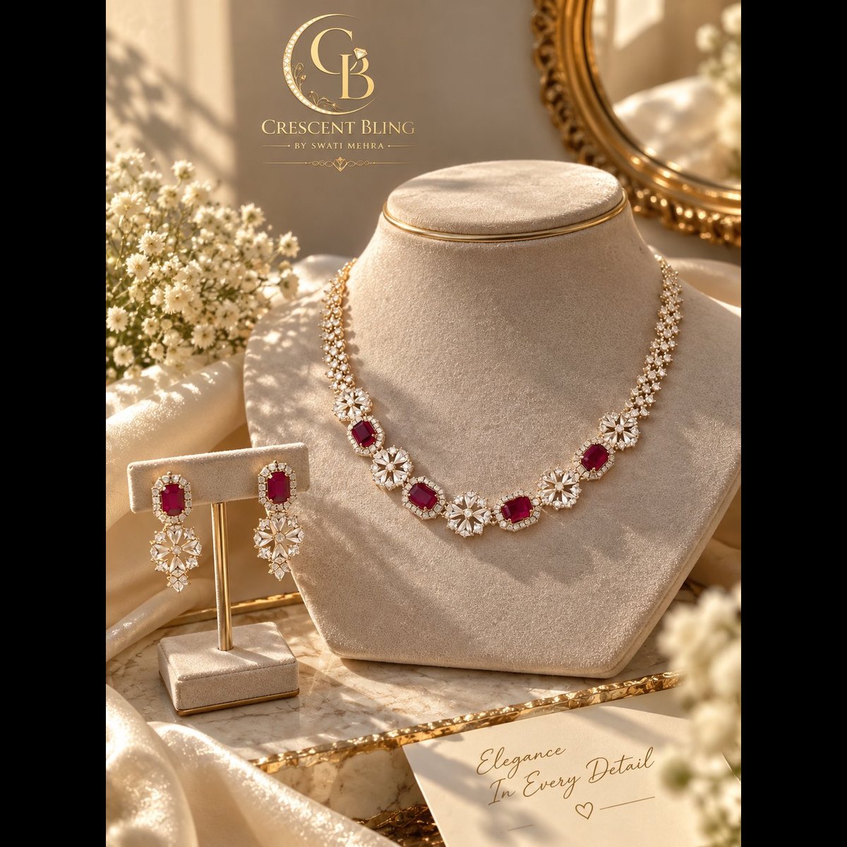 Crescent bling Ruby Red & Clear Stone Necklace Set 2